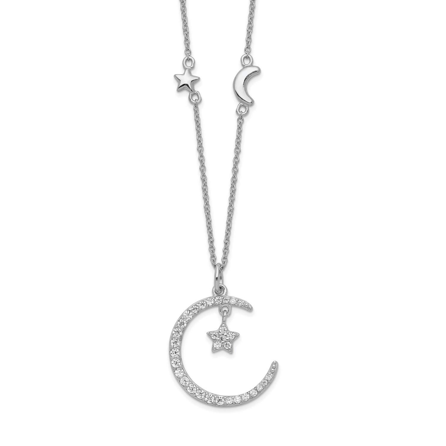 CZ Crescent Moon and Stars Pendant Necklace - 925 Sterling Silver 16