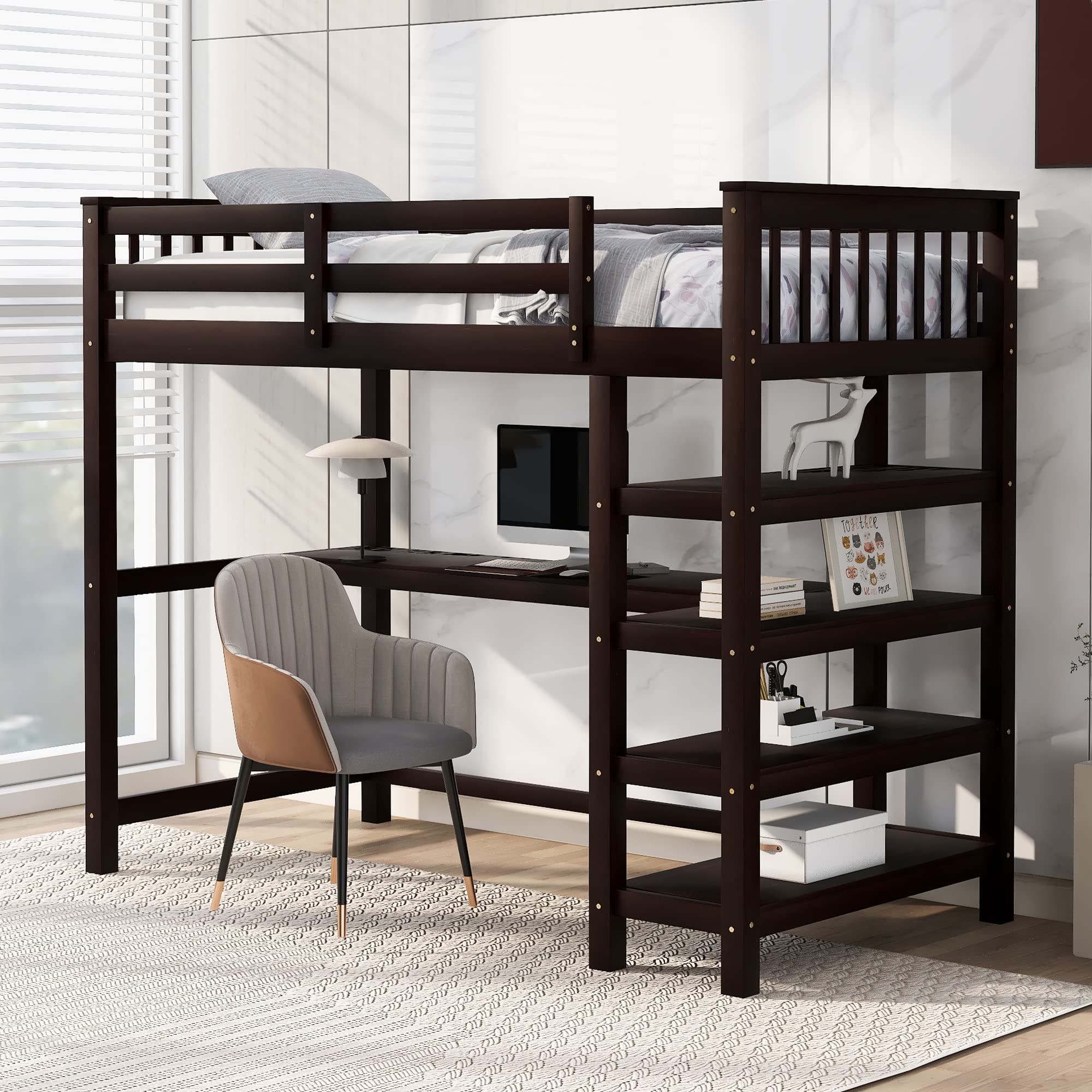 Harper & Bright Designs Twin Loft Bed with Desk & Storage - Space-Saving Wooden Bunk Bed with Ladder for Kids, Teens & Adults - Perfect for Small Bedrooms, Dorms & Studio Apartments (Espresso Finish)