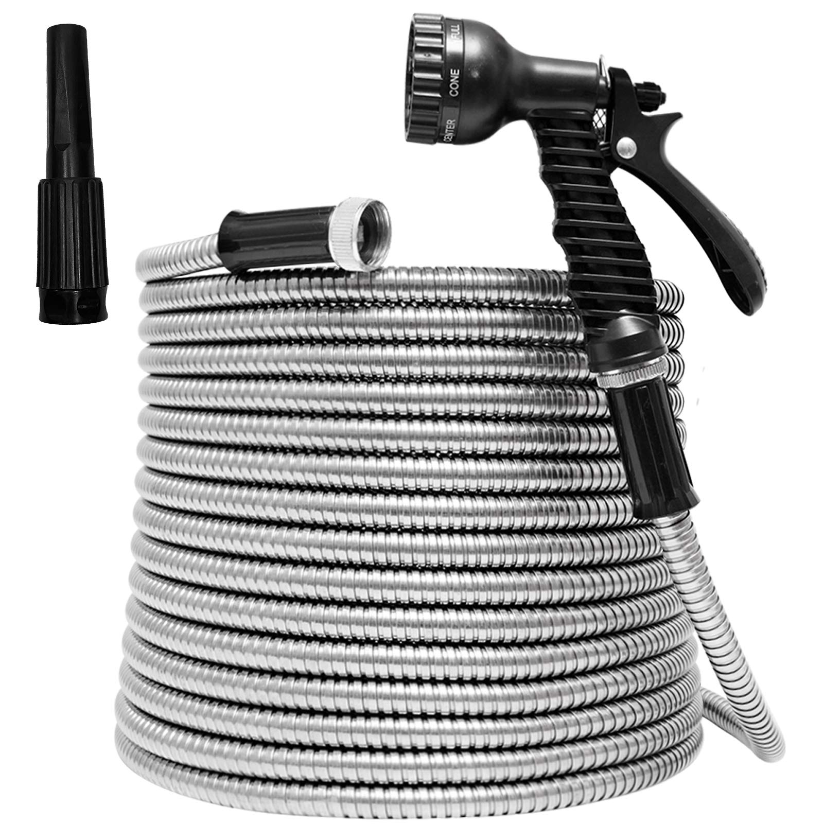 75FT Heavy Duty Flexible Metal Garden Hose - Stainless Steel Water Hose with 2 Nozzles, Kink-Free & Easy to Store - Perfect for Outdoor Watering, Car Washing, and Gardening