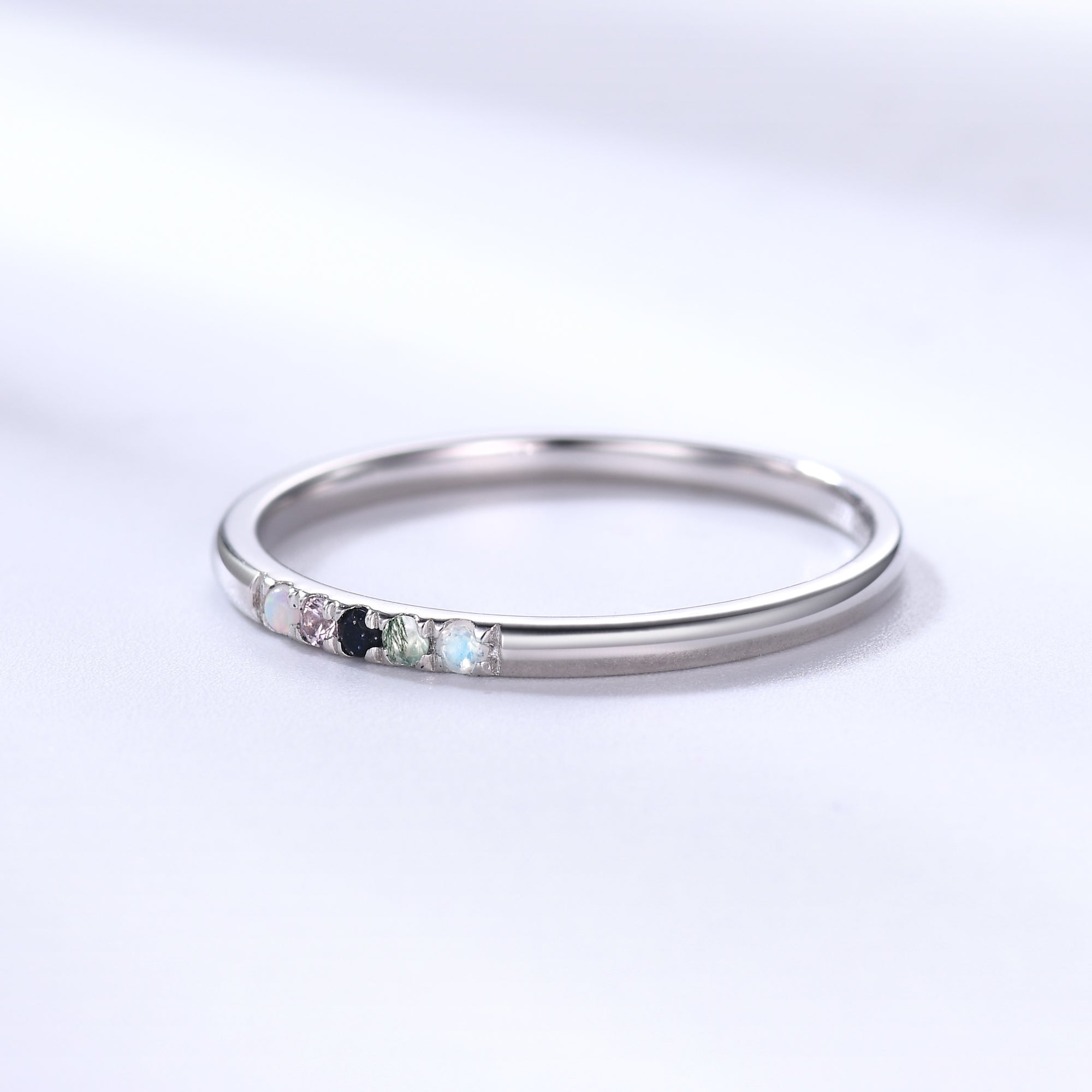 Personalized 5 Birthstone White Gold Ring for Mom - Moonstone, Moss Agate, Sandstone, Morganite & Opal - Perfect Gift for Mother's Day, Anniversary & Special Occasions