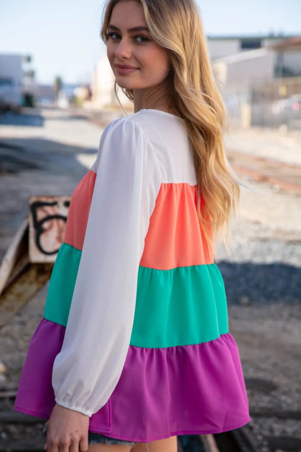 Ivory & Peach Woven Crepe Tiered Blouse for Women - Elegant Flowy Boho Top for Casual Outings & Date Nights