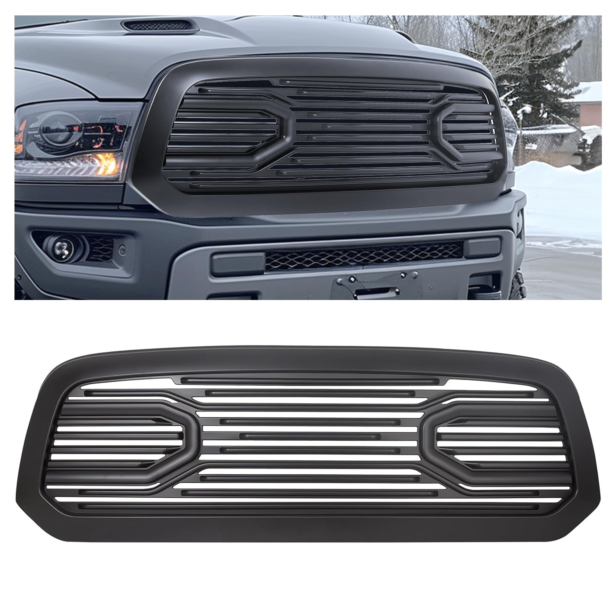 HECASA Front Big Horn Grille Replacement for 2013-2018 Dodge RAM 1500 | Black Shell Design (Without Light) | Durable & Stylish Upgrade for Off-Road & Daily Driving