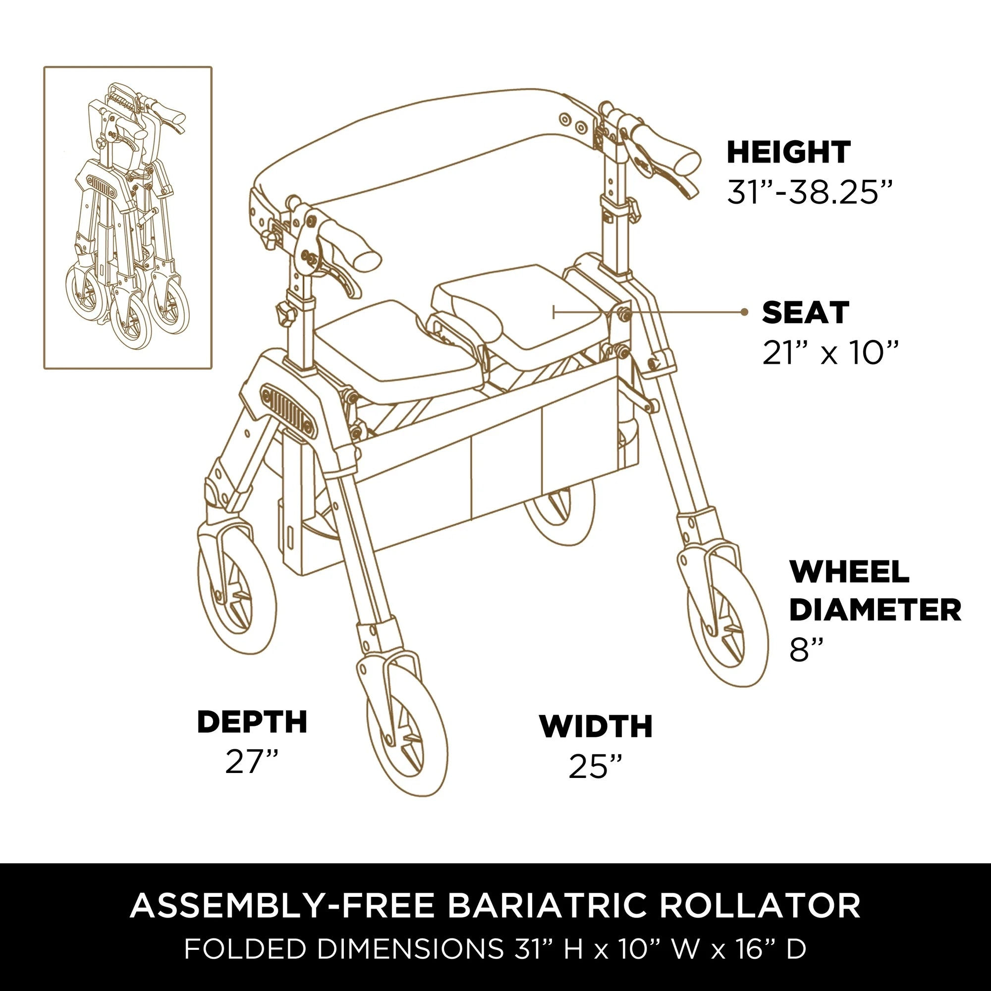 Signature Life Elite Travel Rollator HD - Lightweight Folding Walker with Seat & Basket, Champagne Gold - Ideal for Seniors & Mobility Assistance, Perfect for Shopping & Outdoor Activities