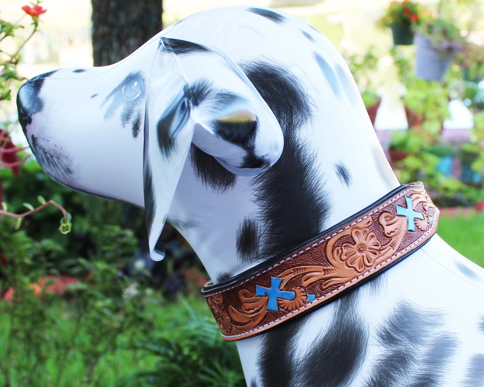 Hand-Tooled Floral Beaded Padded Leather Dog Collar - Durable & Stylish Pet Accessory for Small to Medium Dogs - Perfect for Walks, Training & Fashion Outfits