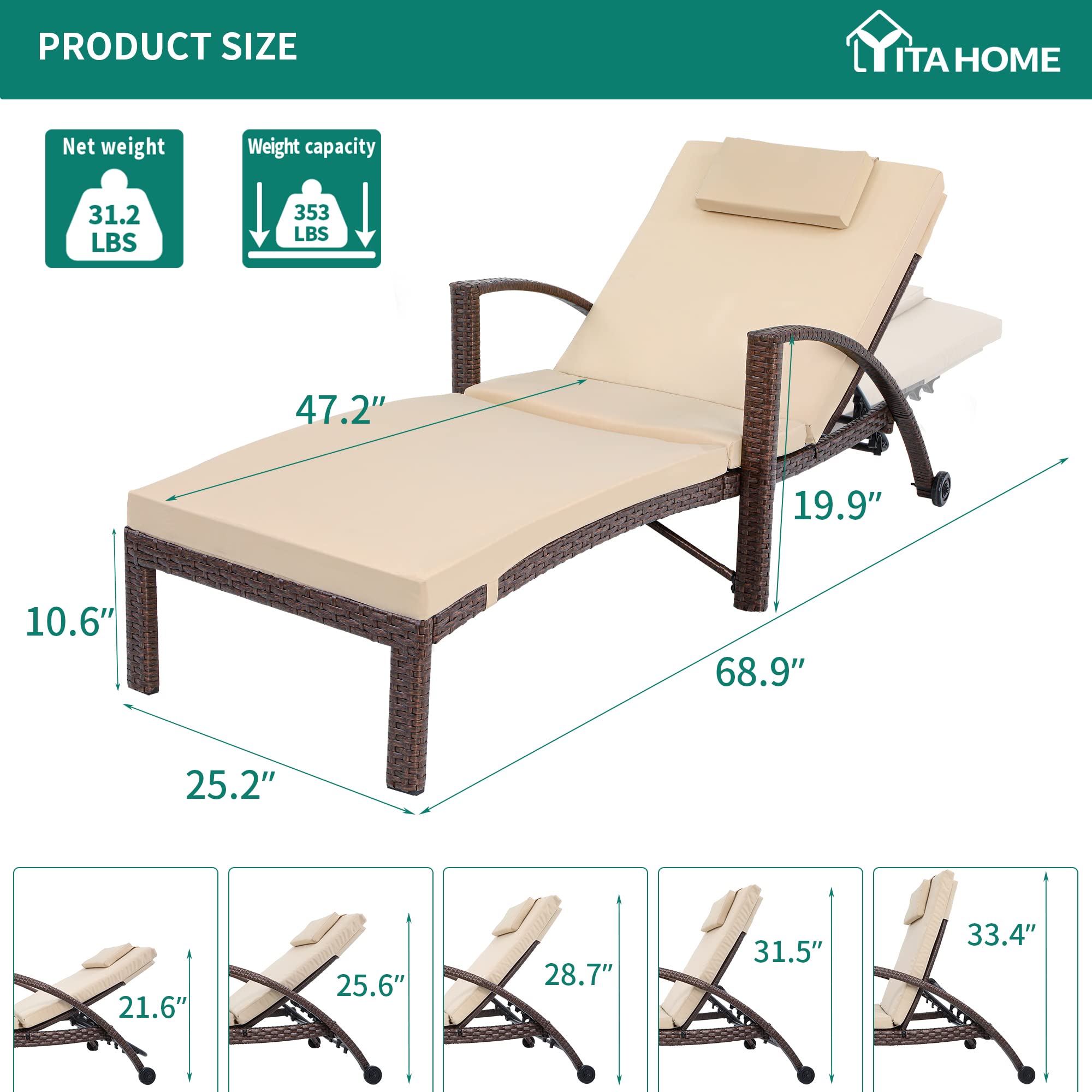 YITAHOME 2-Piece Wicker Chaise Lounge Set with Adjustable 5-Position Backrest, Armrests, Cushions & Headrest - Outdoor Poolside Patio Furniture for Backyard, Garden, Beach & Resort Relaxation