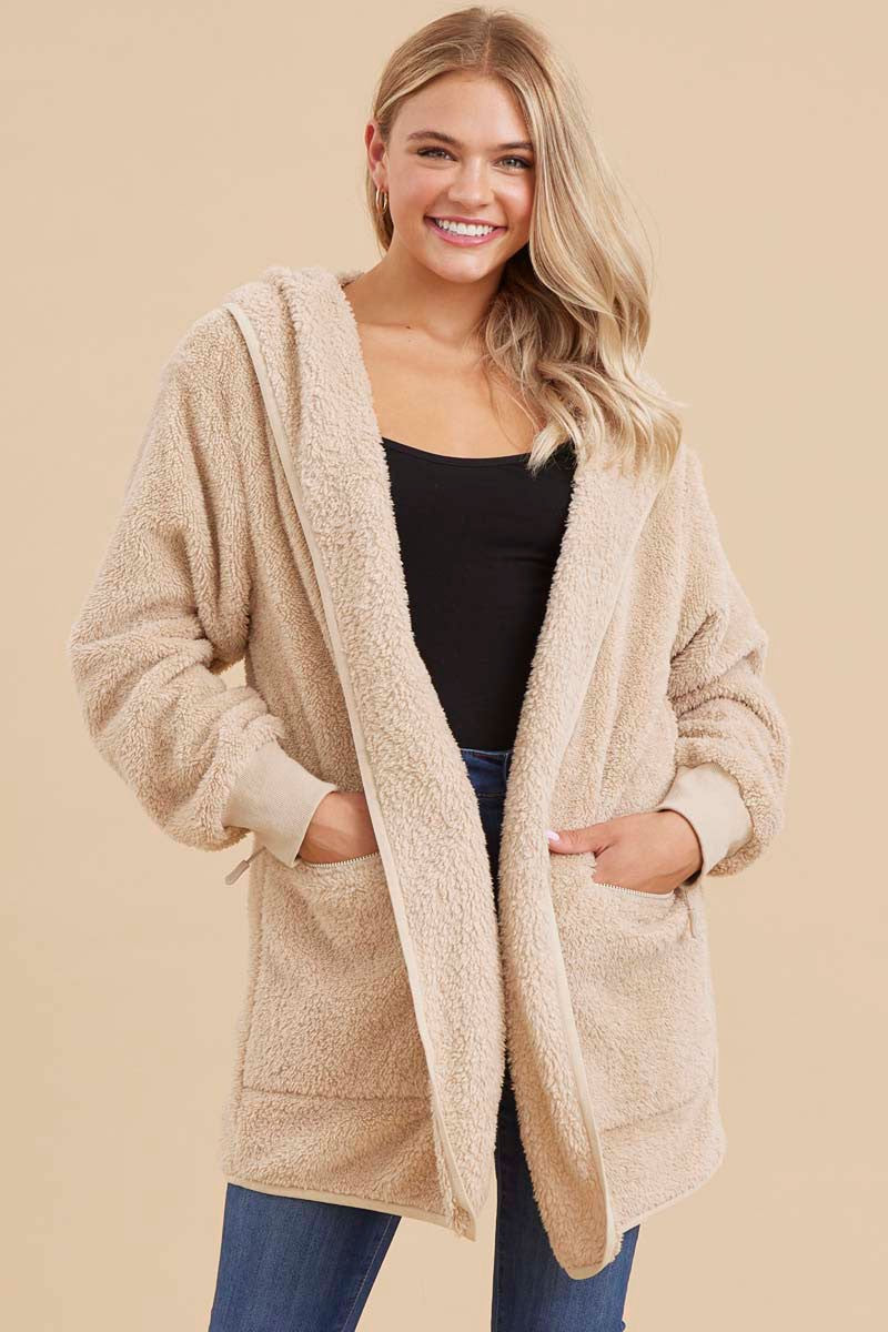 Soft Beige Fuzzy Knit Hooded Maternity Jacket - Cozy Winter Pregnancy Coat for Women | Perfect for Outdoor Walks & Casual Outfits