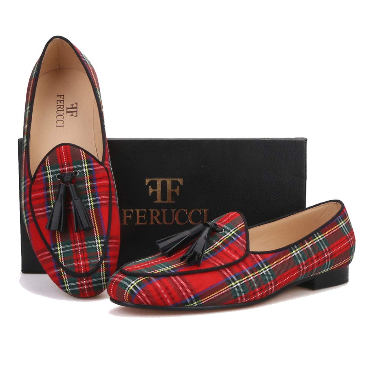 FERUCCI Men's Red Scottish Plaid Slippers - Comfortable Leather Loafers with Black Tassel for Indoor/Outdoor Wear - Perfect for Home, Office & Casual Occasions