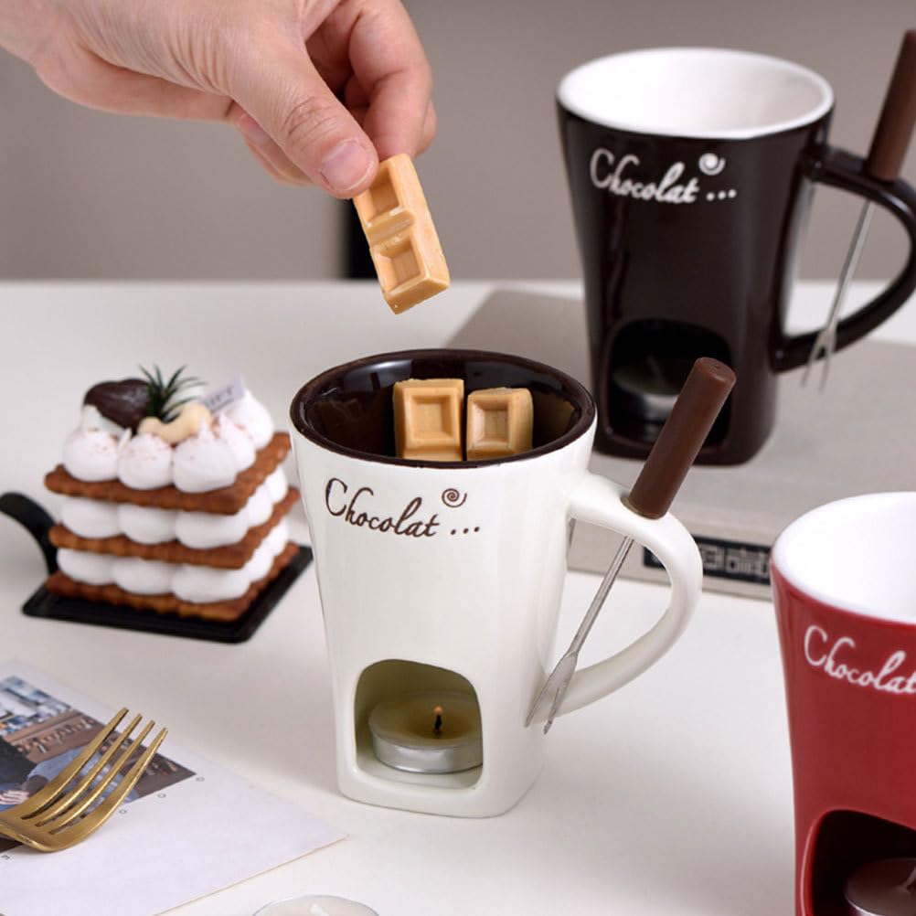 DECHOUS 2-Pack Ceramic Fondue Pot Set with 2 Forks - Chocolate Melting Mug for Cheese, Butter & Desserts - Perfect for Home, Party, Wedding & Romantic Dinners