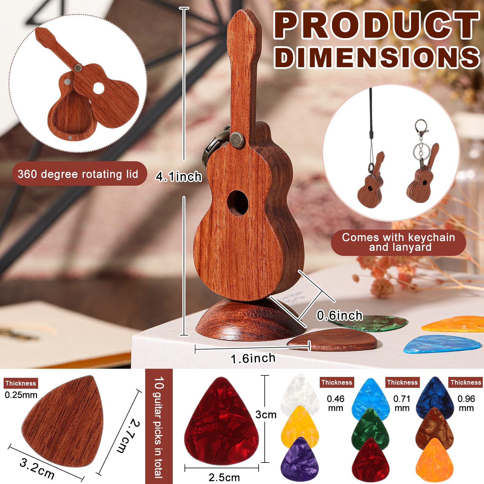 Premium Wooden Guitar Pick Box Set - 12 Picks, Holder Case, Keychain & Necklace - Classical Music Accessories for Guitarists - Perfect for Home Decor, Car Mirror Hanging, and Bass Instrument Gifts