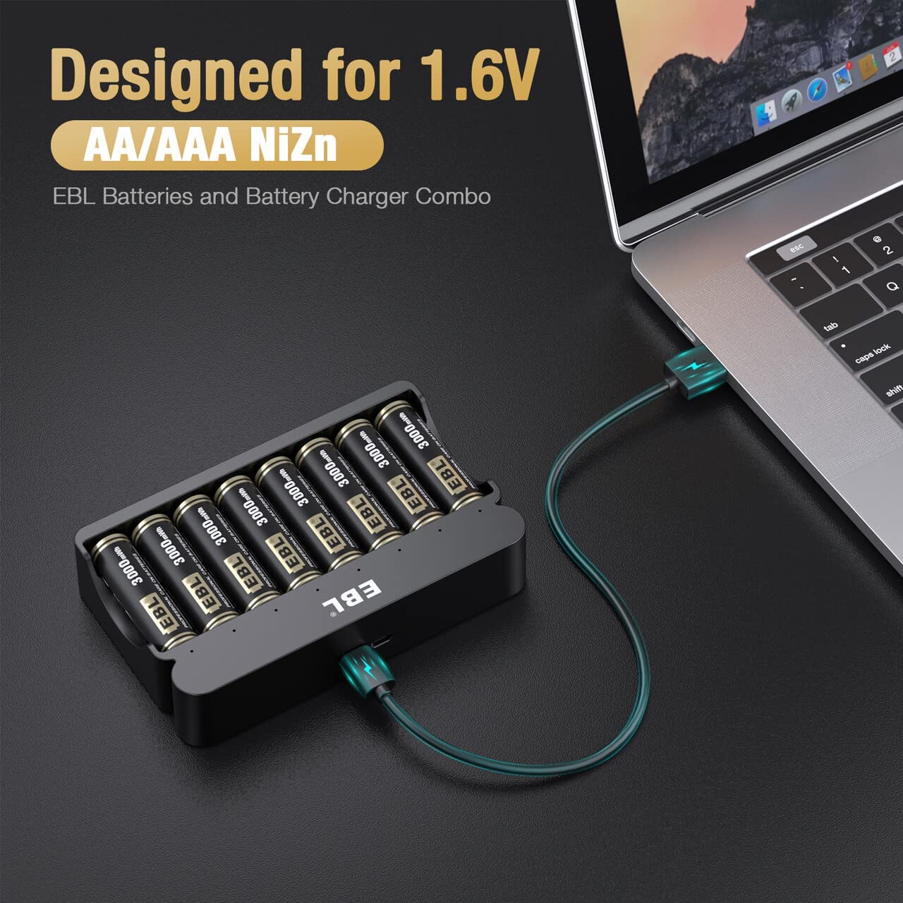 EBL 8-Pack 3000mWh Ni-Zn Rechargeable AA Batteries with 8-Bay Charger - 1.6V High Performance Double A Batteries for Cameras, Flashlights & Electronics | Long-Lasting Power Solution