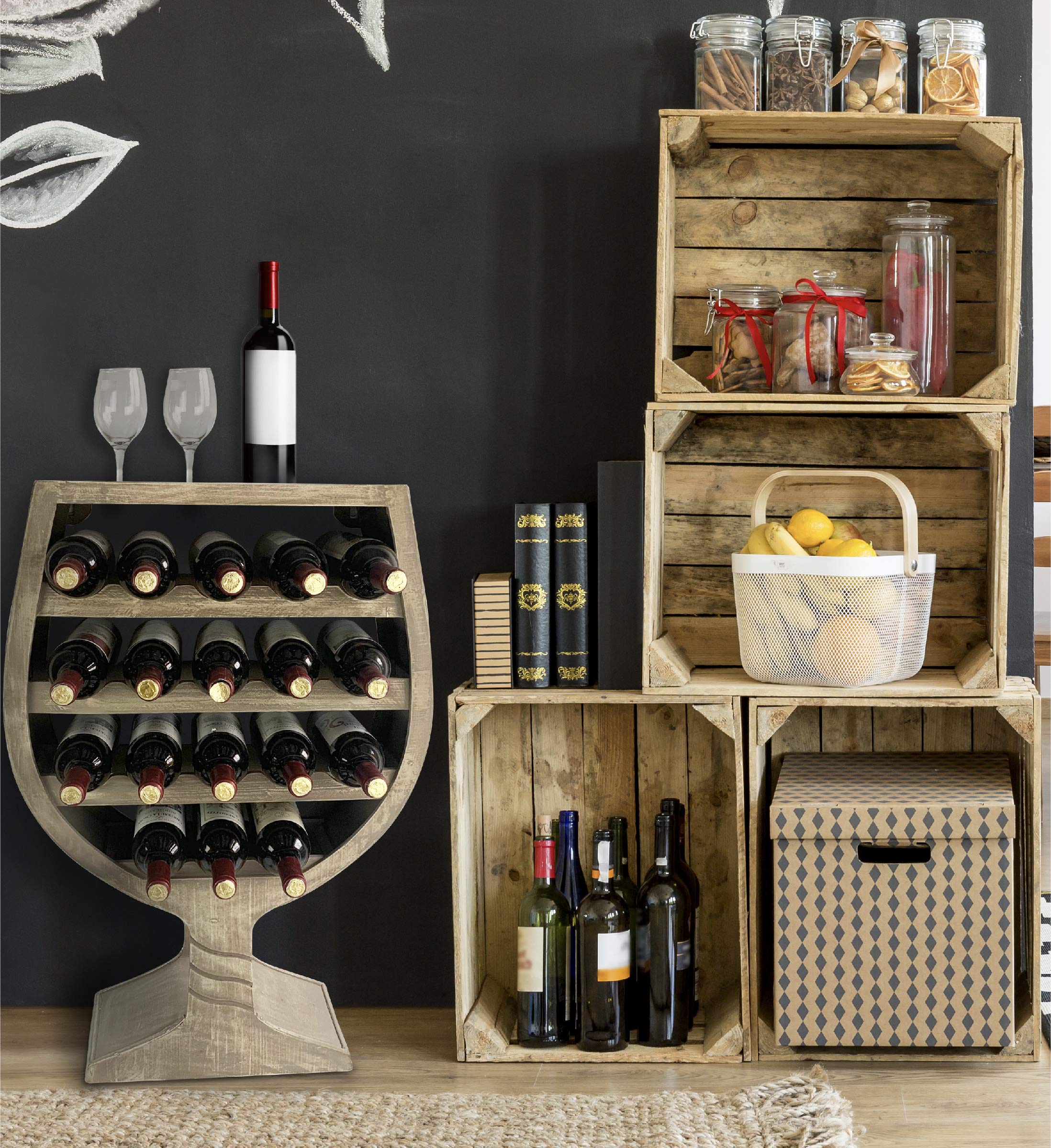 Modern Wall Mounted Wine Rack - 18 Bottle Wooden Wine Holder, Freestanding or Hanging Wine Storage Shelf Organizer for Kitchen, Dining Room, Bar, and Home Decor