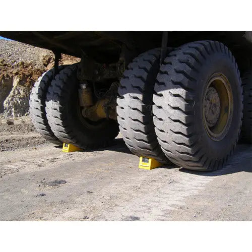 AME Yellow Polyurethane Wheel Chock with Handle for Trucks & Trailers (47-165 lbs Capacity) - Heavy Duty Vehicle Stabilization for Parking, Loading & RV Safety
