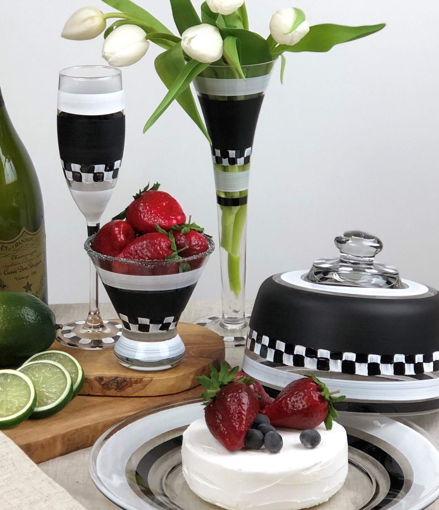 Hand Painted Cosmopolitan Glasses Set of 2 - Black & White Checkered Chalkboard Design - Unique Artisan Glassware by USA Artists - Customizable with Chalk - Perfect for Home Bar, Wedding Gifts & Party Decor