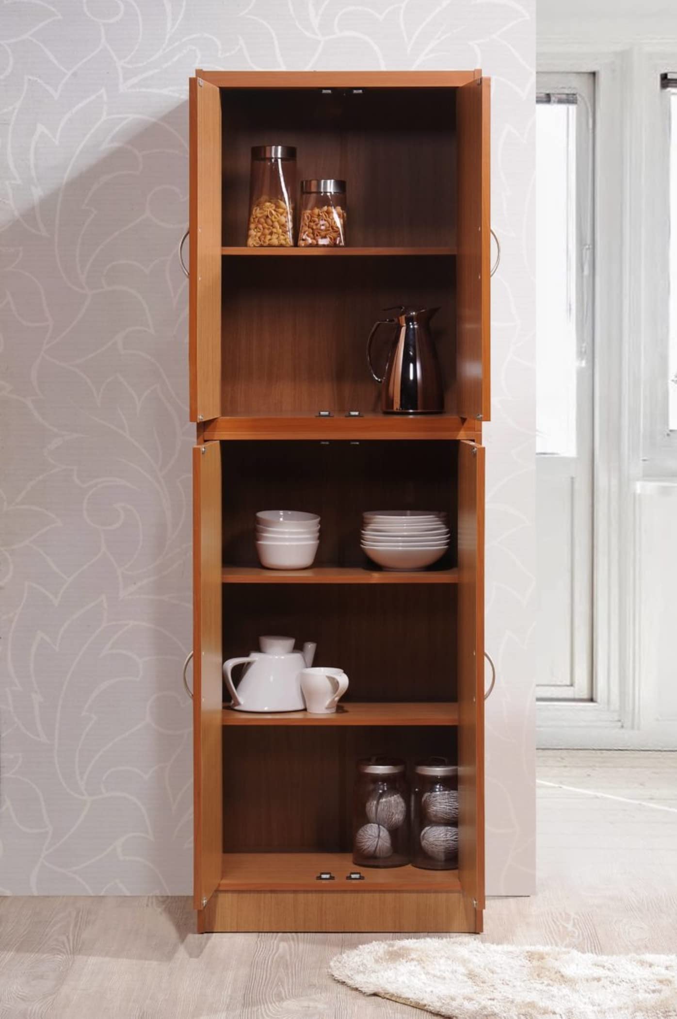 Hodedah 4-Door Kitchen Pantry Cabinet with 4 Adjustable Shelves, Cherry Finish - Perfect for Organizing Spices, Cookware & Dry Goods in Small Kitchens