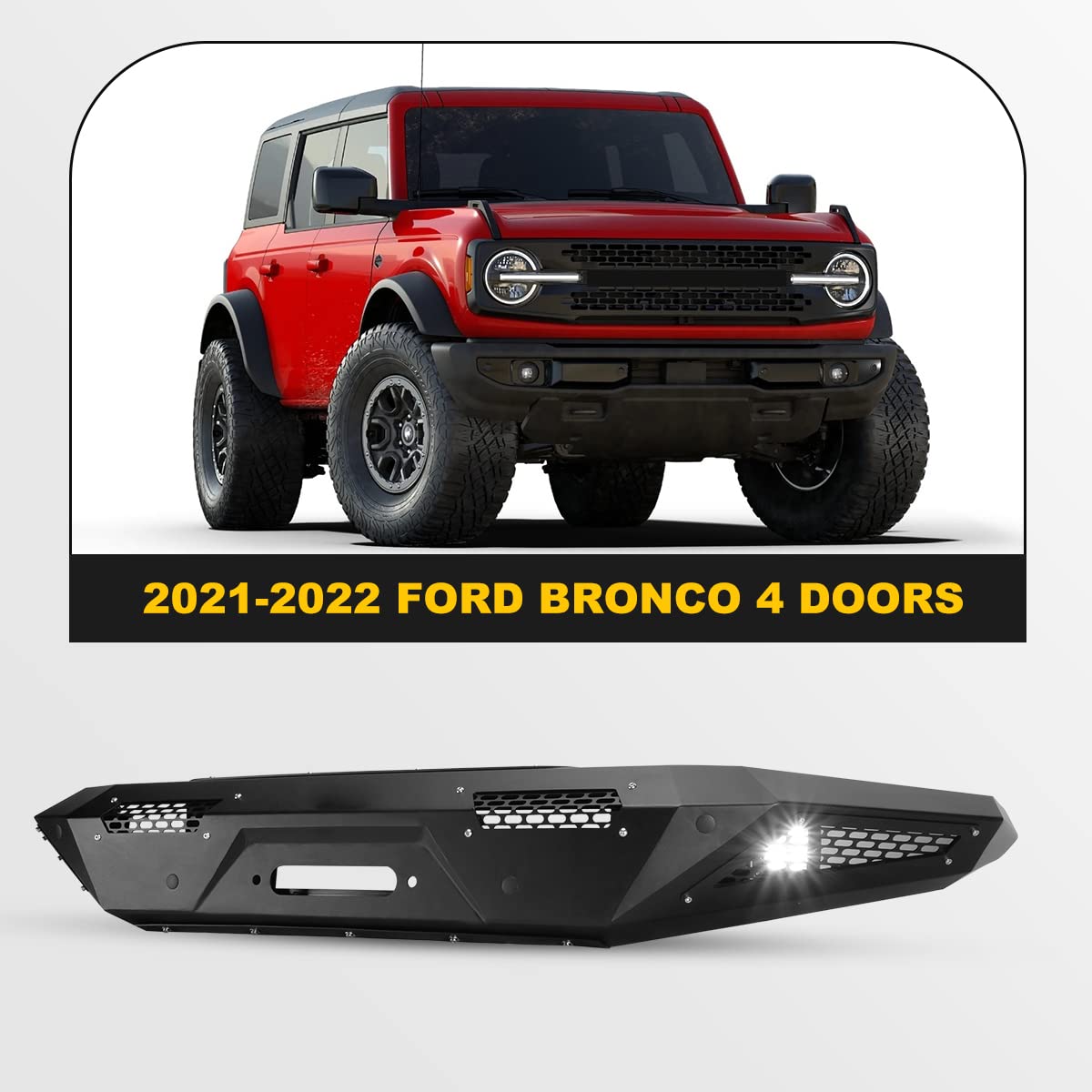 Heavy Duty Front Bumper for 2021-2025 Ford Bronco | Off-Road Bumper with 2 LED Lights, Winch Ready & Sensor Holes | Perfect for Rock Crawling, Overlanding & Off-Road Adventures
