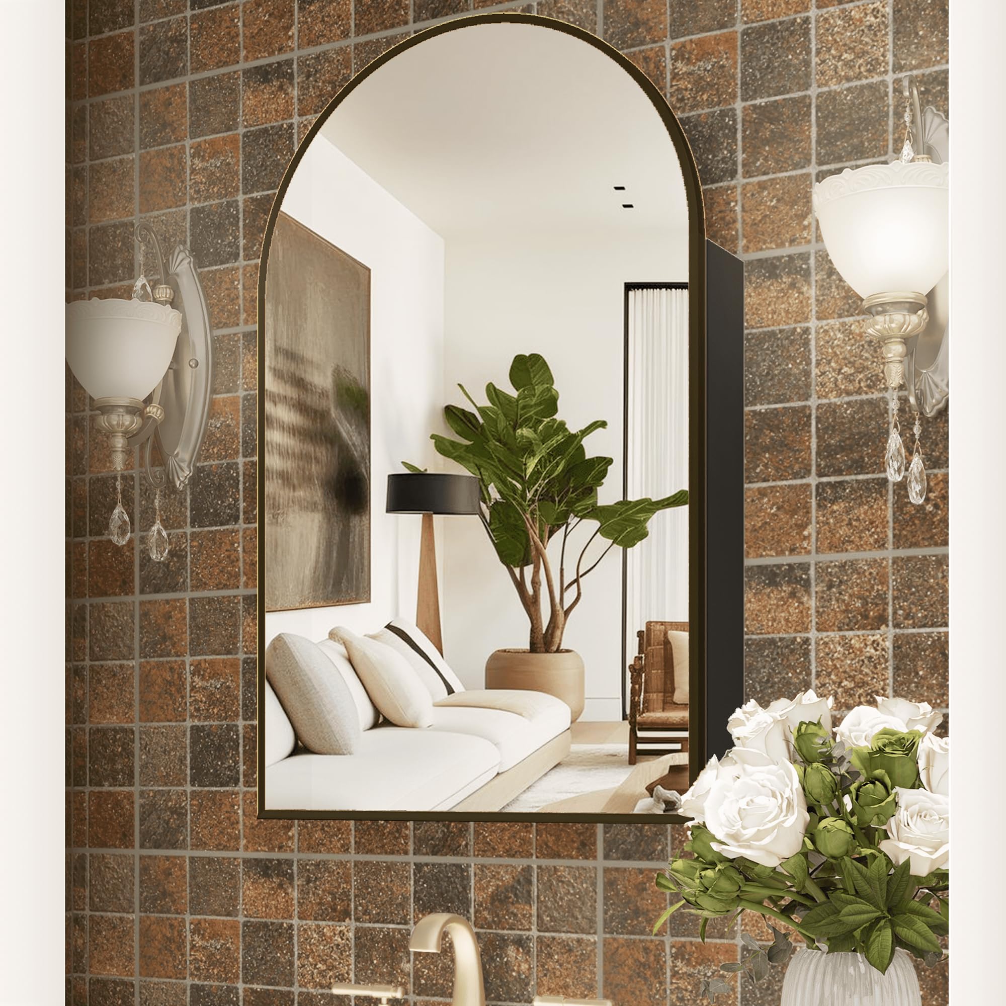 Black Arched Wall Mounted Medicine Cabinet with Mirror - 20x32 Inch Modern Vanity Storage Cabinet with Adjustable Shelves (Not Recessed) - Perfect for Bathrooms, Bedrooms & Powder Rooms