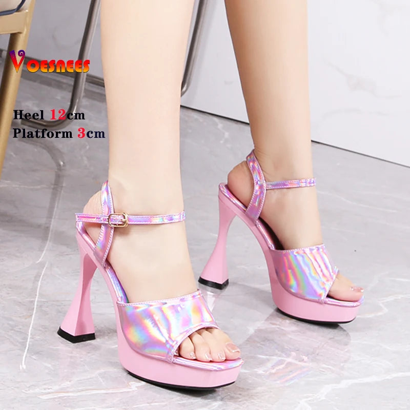 2024 Women's Laser 12CM Peep Toe Platform Sandals - Shiny Block Heel Pumps with Thick High Heels for Summer | Outdoor Slides & Dressy Occasions | Perfect for Beach, Party, and Evening Wear