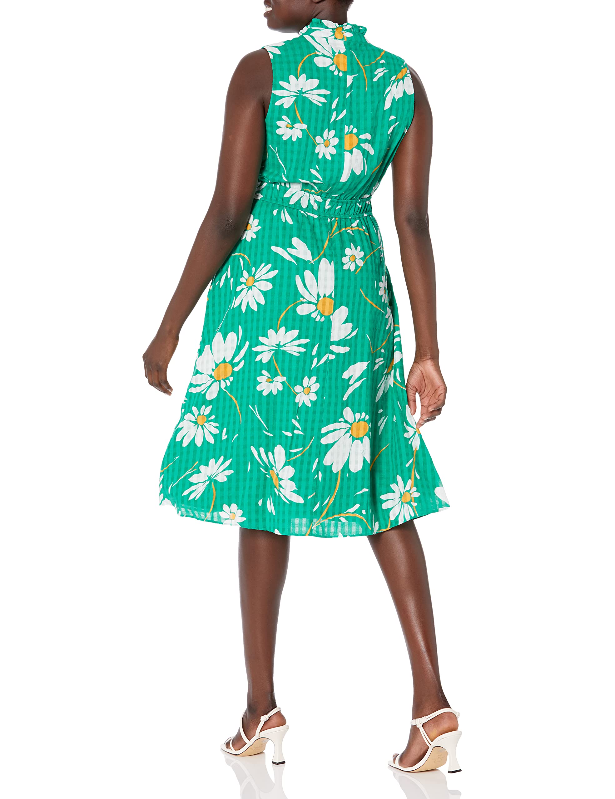 London Times Women's Daisy Print Midi Dress with Elastic Waist & Ruffle Collar - Casual Summer Vacation Dress for Beach, Party, and Outdoor Activities