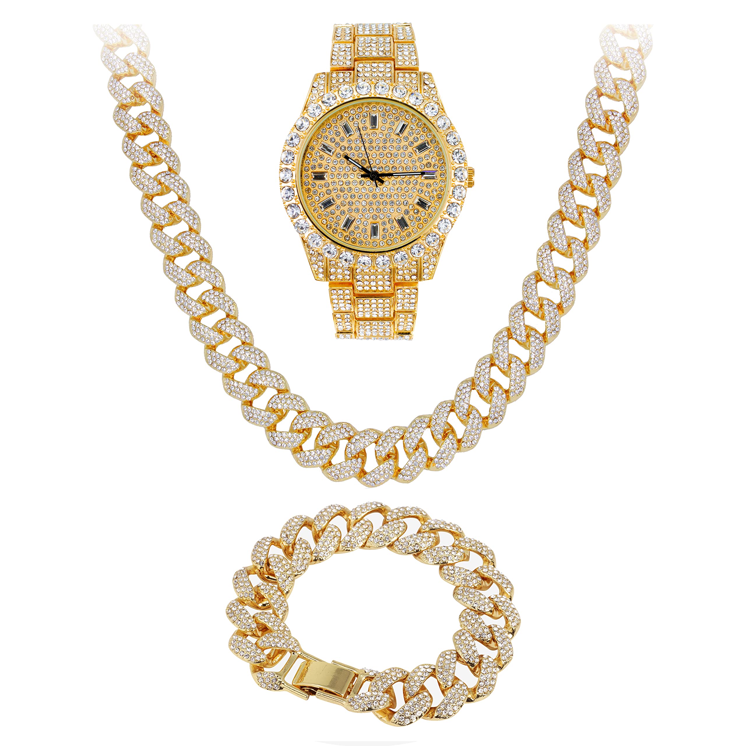 Mens Iced Baguette Dial Watch with Solitaire Bezel - Simulated Diamond Quartz Watch - Gold & Silver Bracelet Sets - Perfect for Parties, Weddings, and Special Occasions