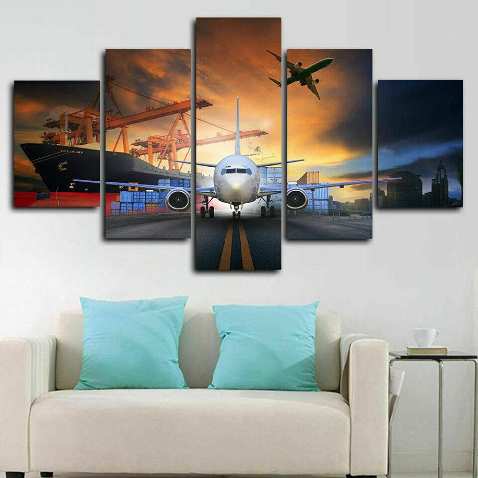 5-Piece Sunset Airport Scenery Wall Art Set - Logistics Cargo Plane & Ship Dock Decor (60