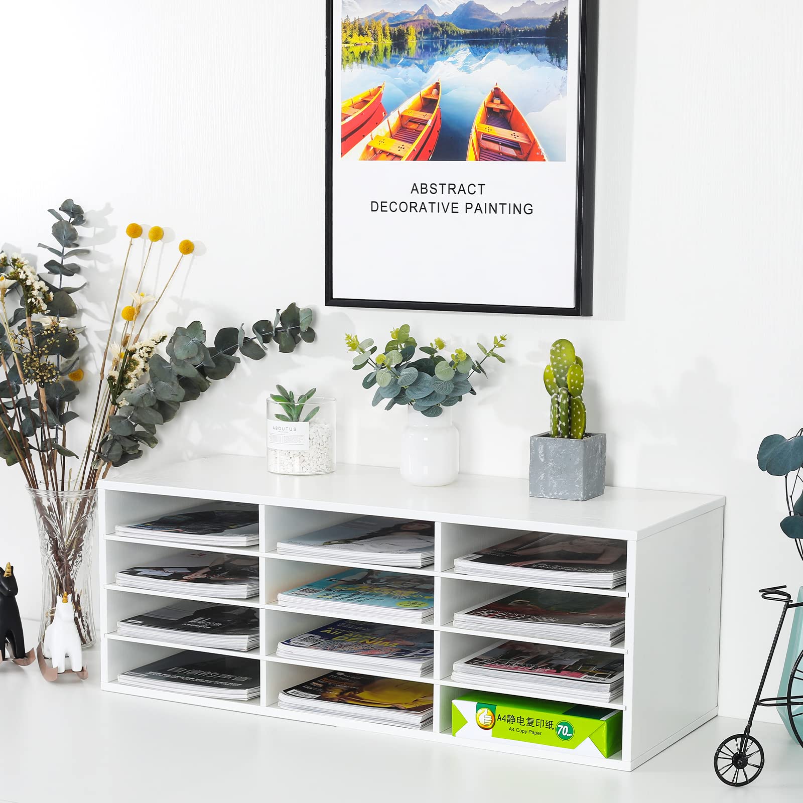 Wooden PAG Mail Sorter - 12 Compartment Desktop Organizer for Classroom, Office & Home | Paper Bill Holder, Literature Sorter, Student Mailbox | Perfect for Teachers, Students & Home Organization (White)