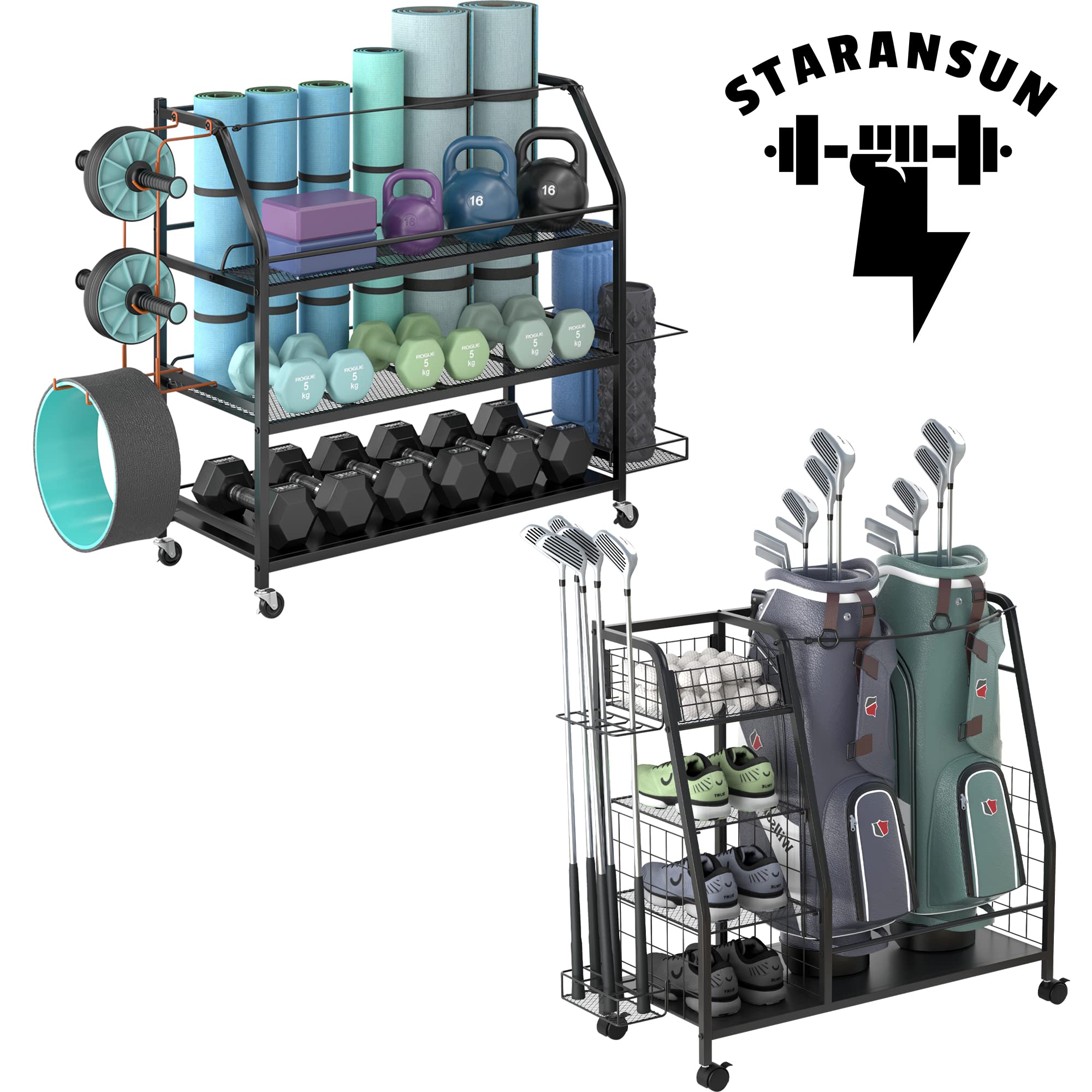 Premium Yoga Mat & Dumbbell Storage Rack - Home Gym Equipment Organizer | Golf Bag & Club Holder - Space-Saving Workout & Golf Gear Storage Solution for Home, Garage, or Studio