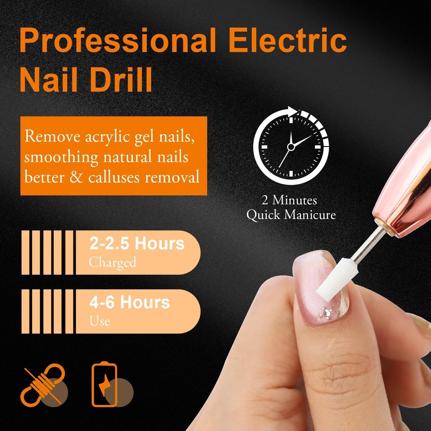 Professional Cordless Electric Nail Drill 30000RPM - Rechargeable Nail File Kit with Drill Bits & Sanding Bands for Acrylic, Gel Polish & Nail Removal (White Gold) - Perfect for Home Manicures & Salon Nail Care