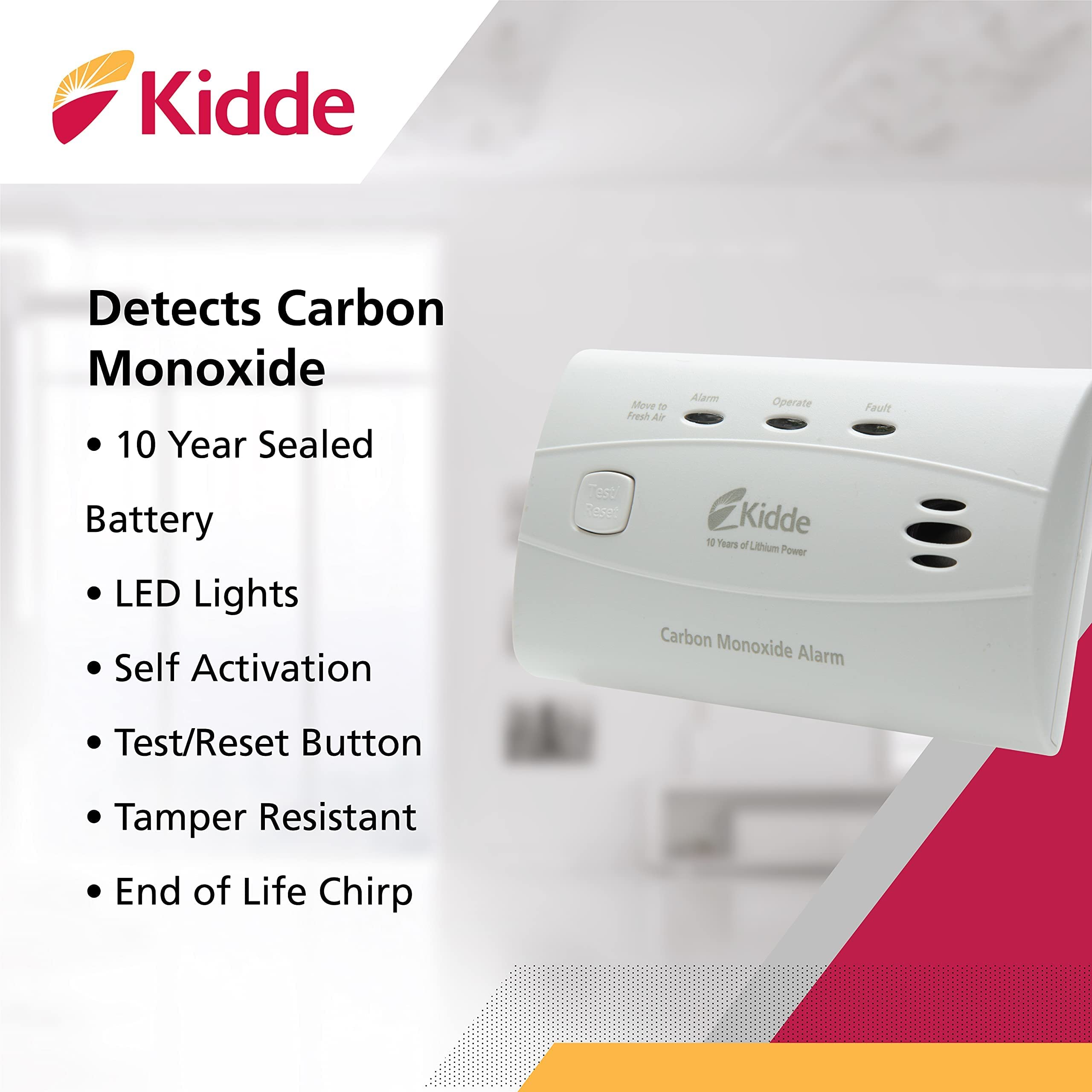 Kidde 10-Year Battery Carbon Monoxide Detector with LED Lights & Alarm Memory - 6 Pack for Home, Office, and RV Safety Protection