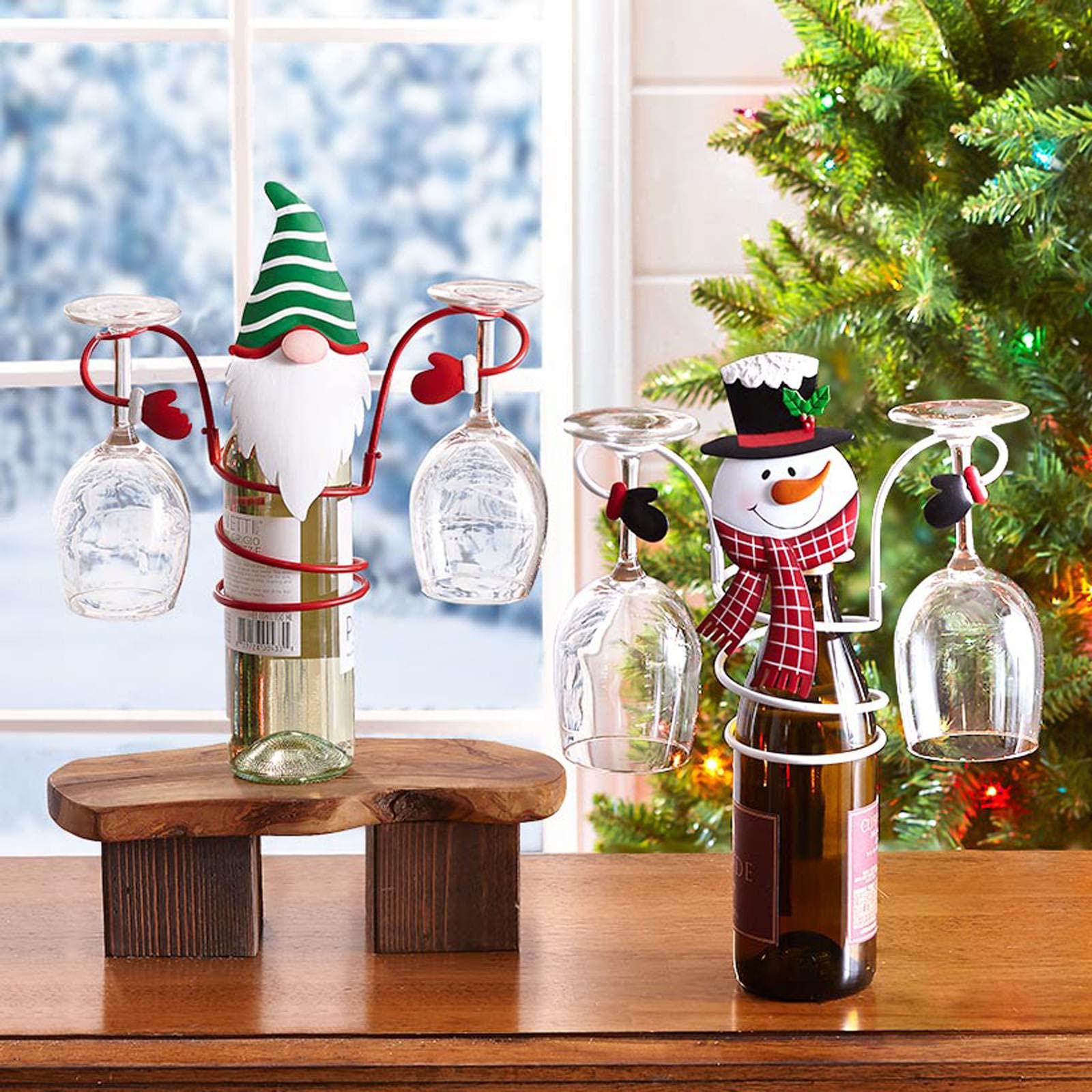 Santa Claus Snowman Wine Bottle & Glass Holder - Christmas Home Decor, Kitchen Storage Rack for Bar, Wine Cellar, Cabinet & Pantry | Perfect for Holiday Parties, Gift Giving & Festive Decorations