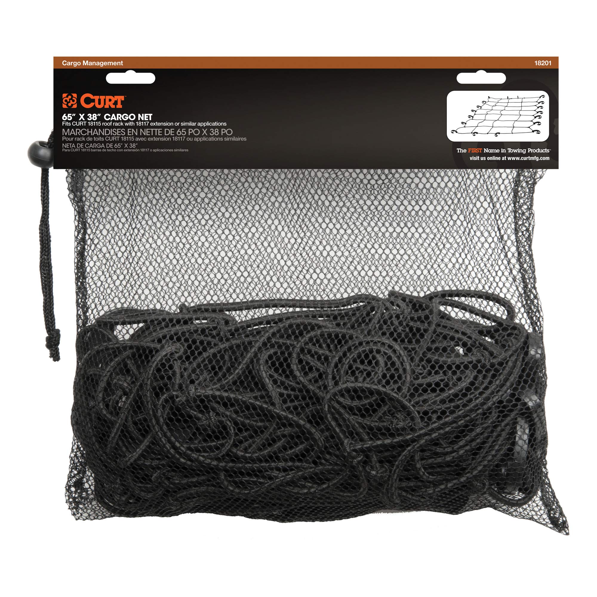 CURT 18201 65 x 38-Inch Heavy Duty Elastic Cargo Net with 12 Hooks - Universal Fit for Roof Rack Baskets, Truck Beds & SUV Cargo Areas - Secure Luggage, Sports Gear & Equipment During Travel