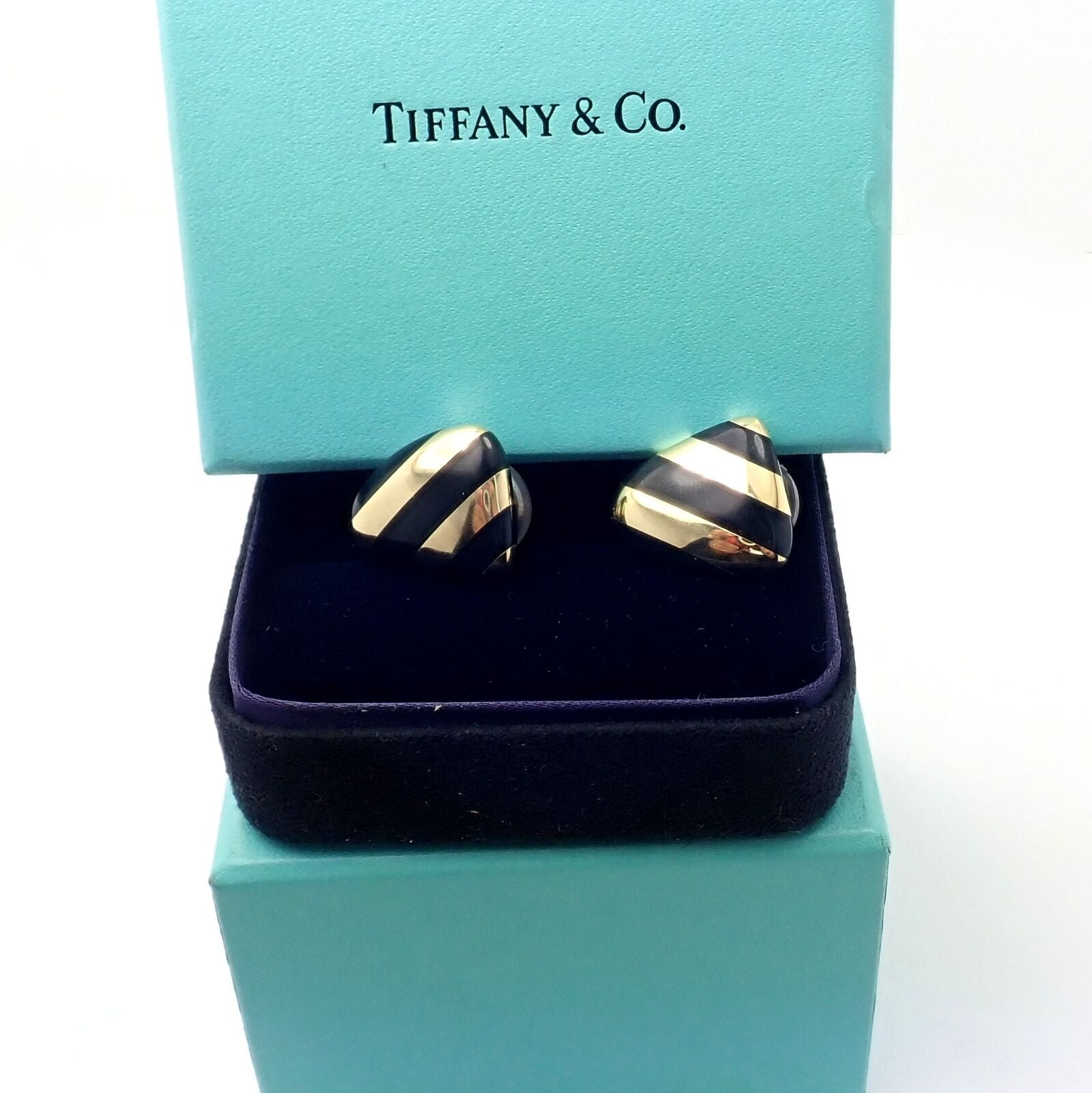 Tiffany & Co Angela Cummings 18k Yellow Gold Black Jade Inlaid Earrings for Women - Luxury Jewelry Gift for Anniversary, Wedding & Special Occasions