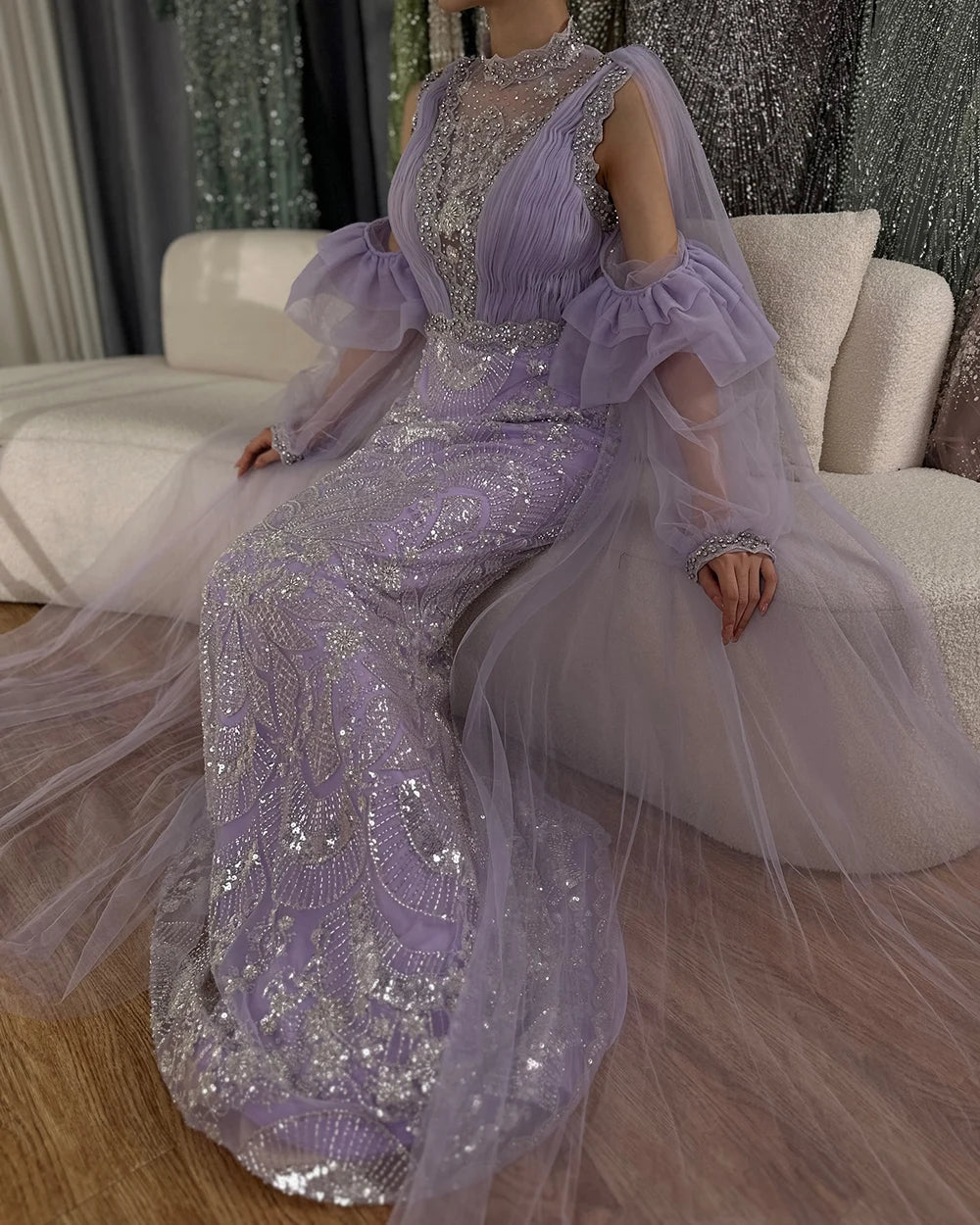 Luxury Dubai Arabic Lilac Mermaid Puffy Sleeves Sparkling Beaded Long Evening Dress Gown for Women - Formal Occasion Prom Wedding Party LA72745 | Elegant Beaded Gown for Special Events & Red Carpet