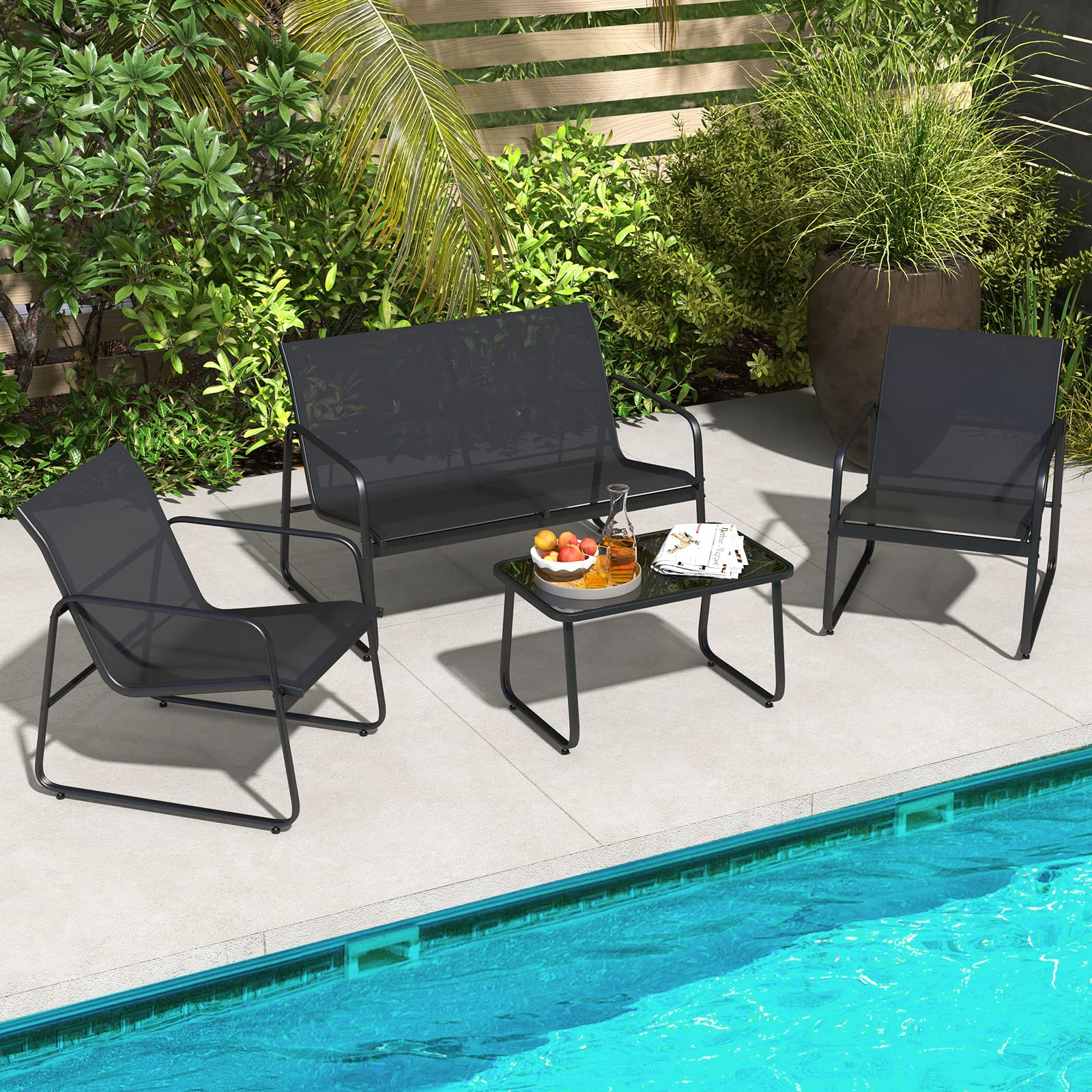 Tangkula 8-Piece Outdoor Patio Furniture Set with Tempered Glass Coffee Table - Black Rustproof Metal Frame & Breathable Fabric - Perfect for Garden, Porch, Backyard & Poolside Relaxation