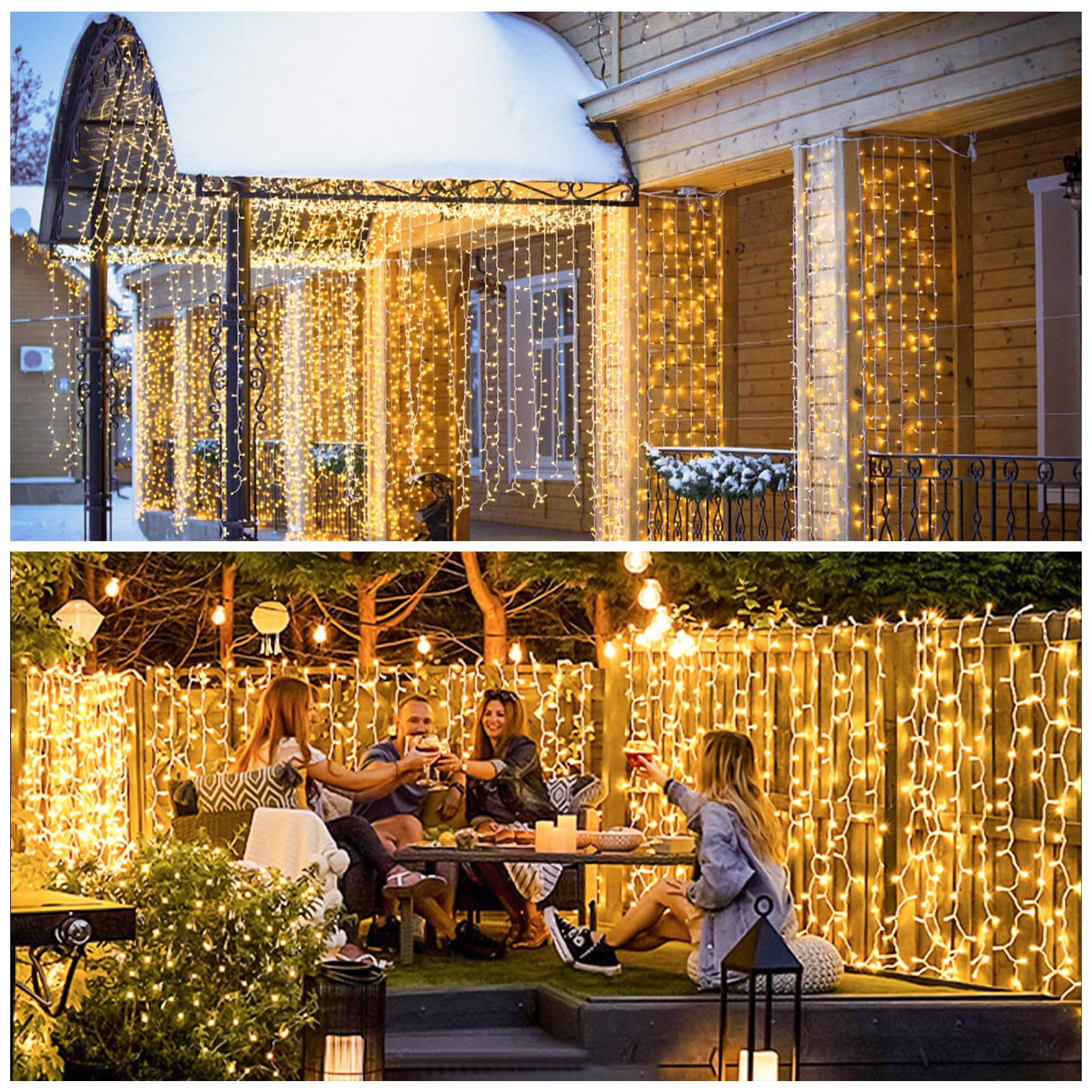 JMEXSUSS 900LED Outdoor Christmas Curtain Lights - 9.5x29.5ft Waterproof String Lights with Remote Control, Warm White Plug-in Hanging Lights for Wedding, Bedroom, Wall Decor, Camping & Holiday Party Backdrop