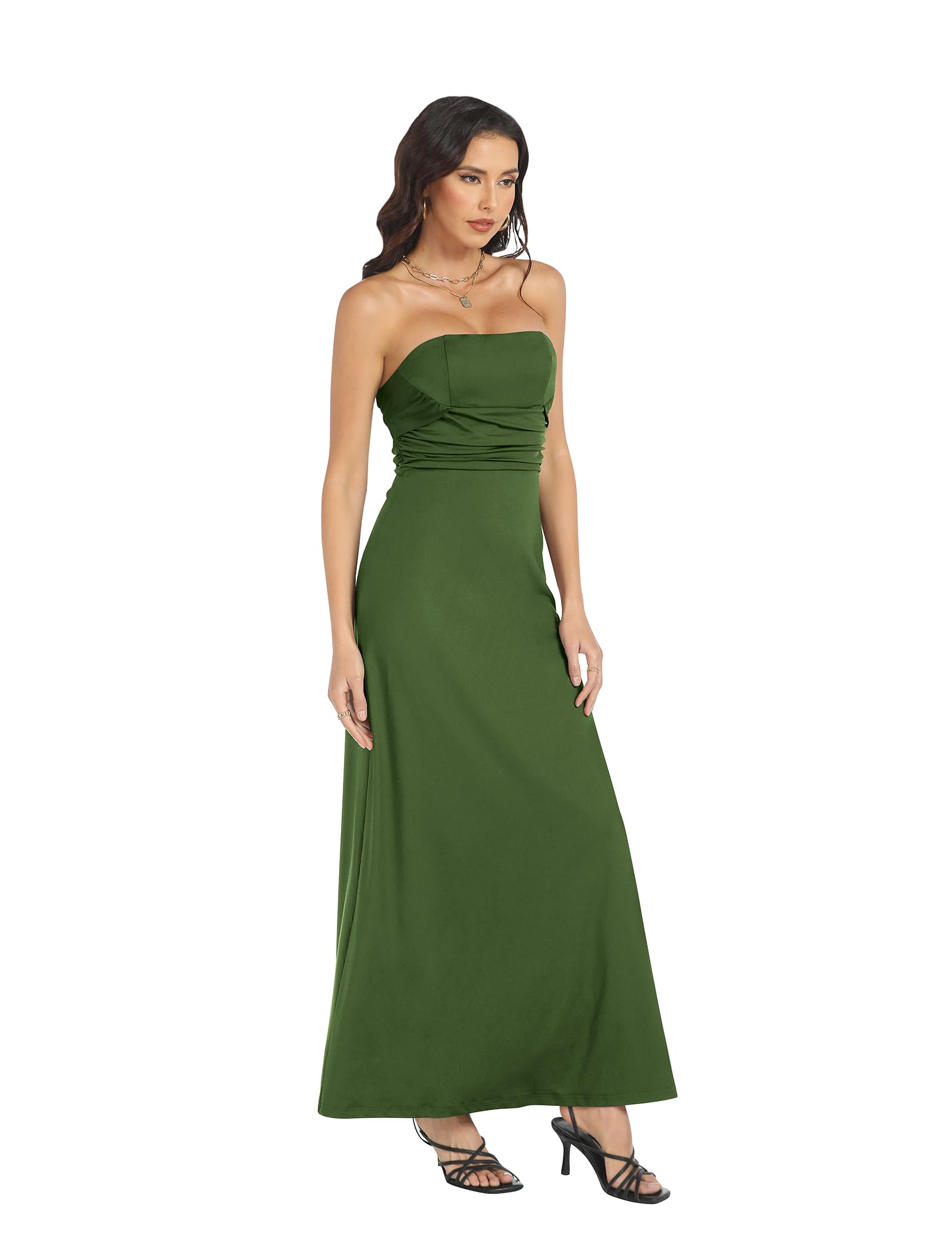 2024 Women's Strapless Halter Satin Maxi Dress with High Slit - Elegant Formal Gown for Wedding Guest, Summer Party & Special Occasions