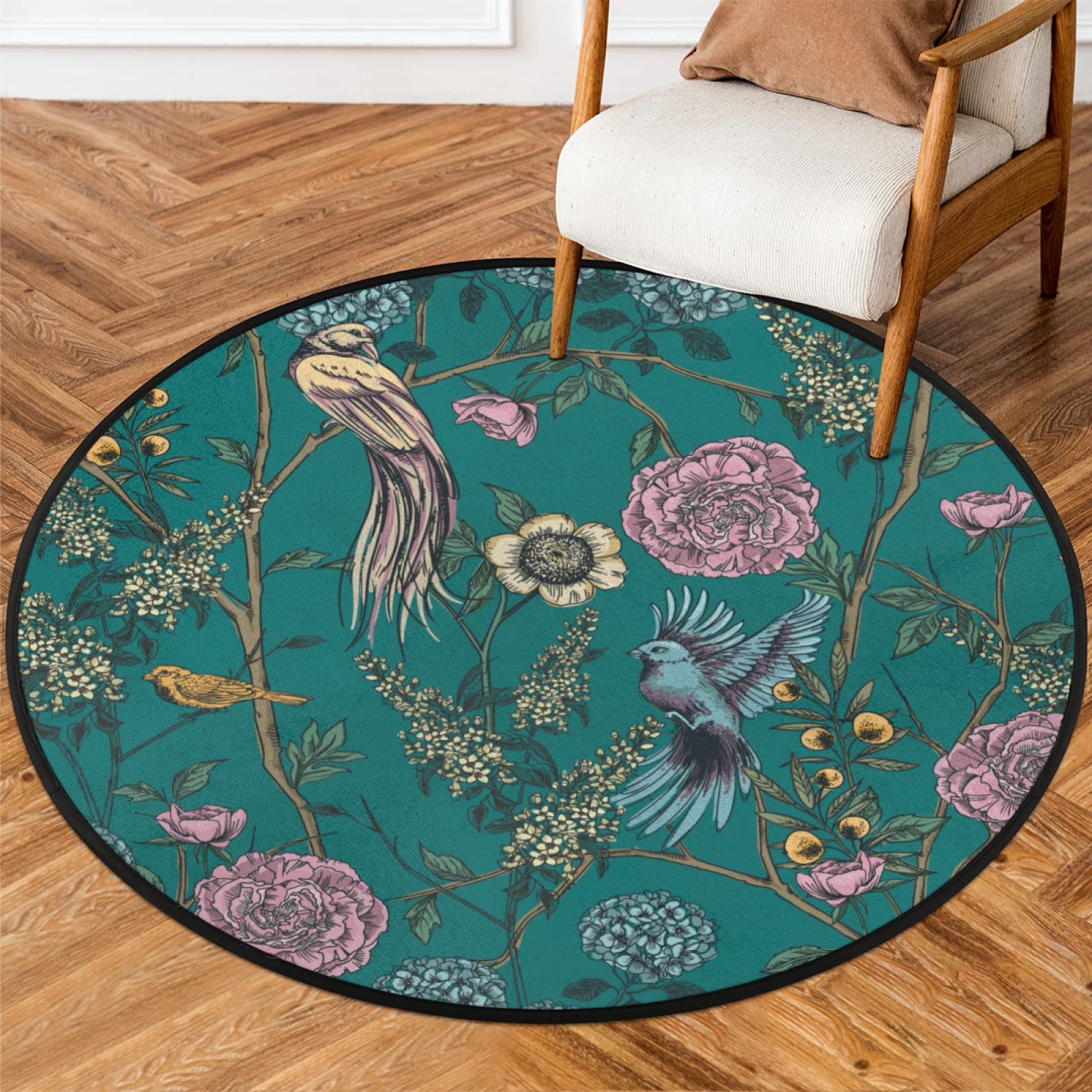 Vintage Parrot Floral Bird Modern Round Area Rug 5Ft - Non-Slip Backing, Soft Washable Carpet for Kids Play Mat - Perfect for Living Room, Bedroom, Indoor & Patio Decor