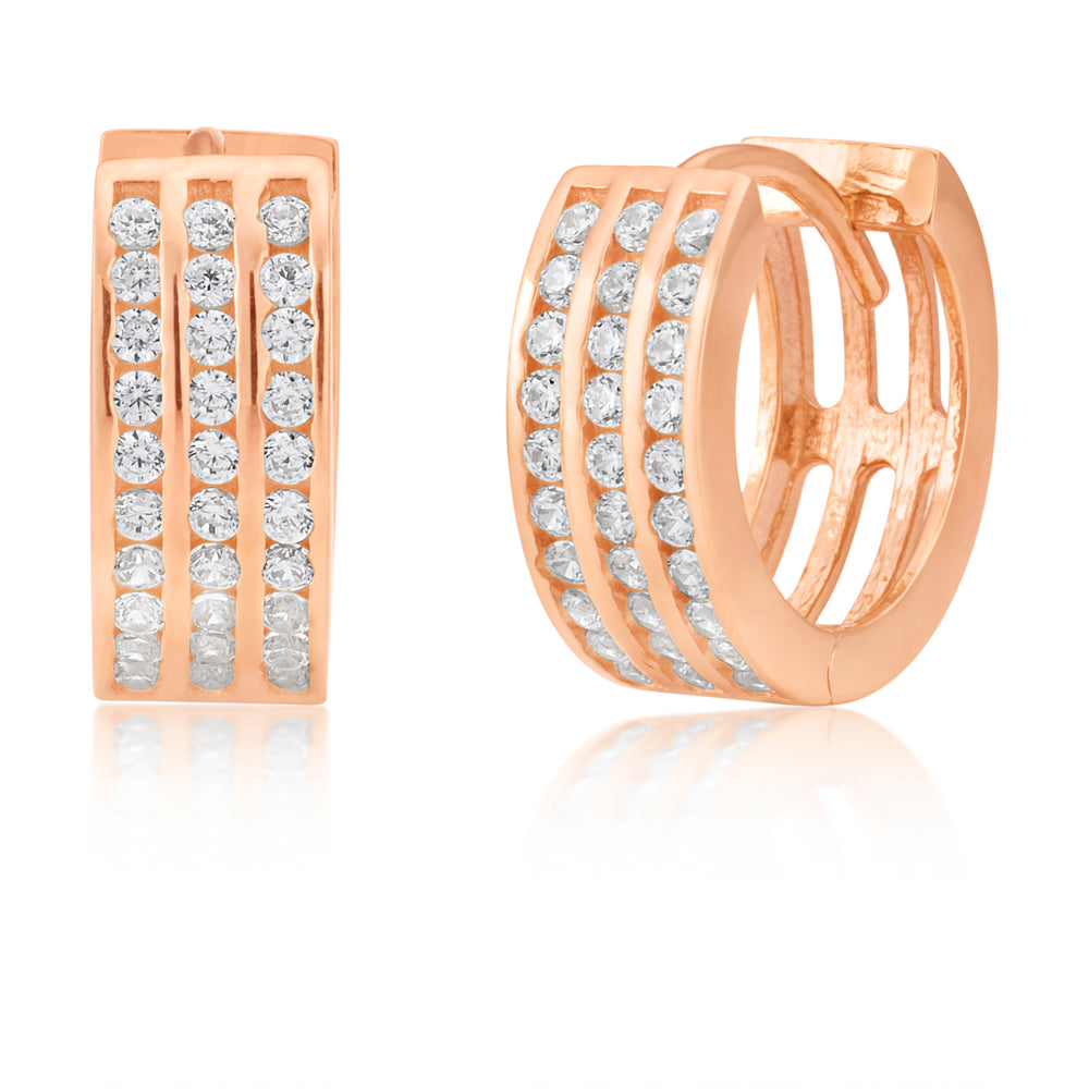 9ct Rose Gold 3 Row Zirconia Huggie Hoop Earrings for Women - Elegant Cubic Zirconia Studded Huggie Hoops for Everyday Wear & Special Occasions