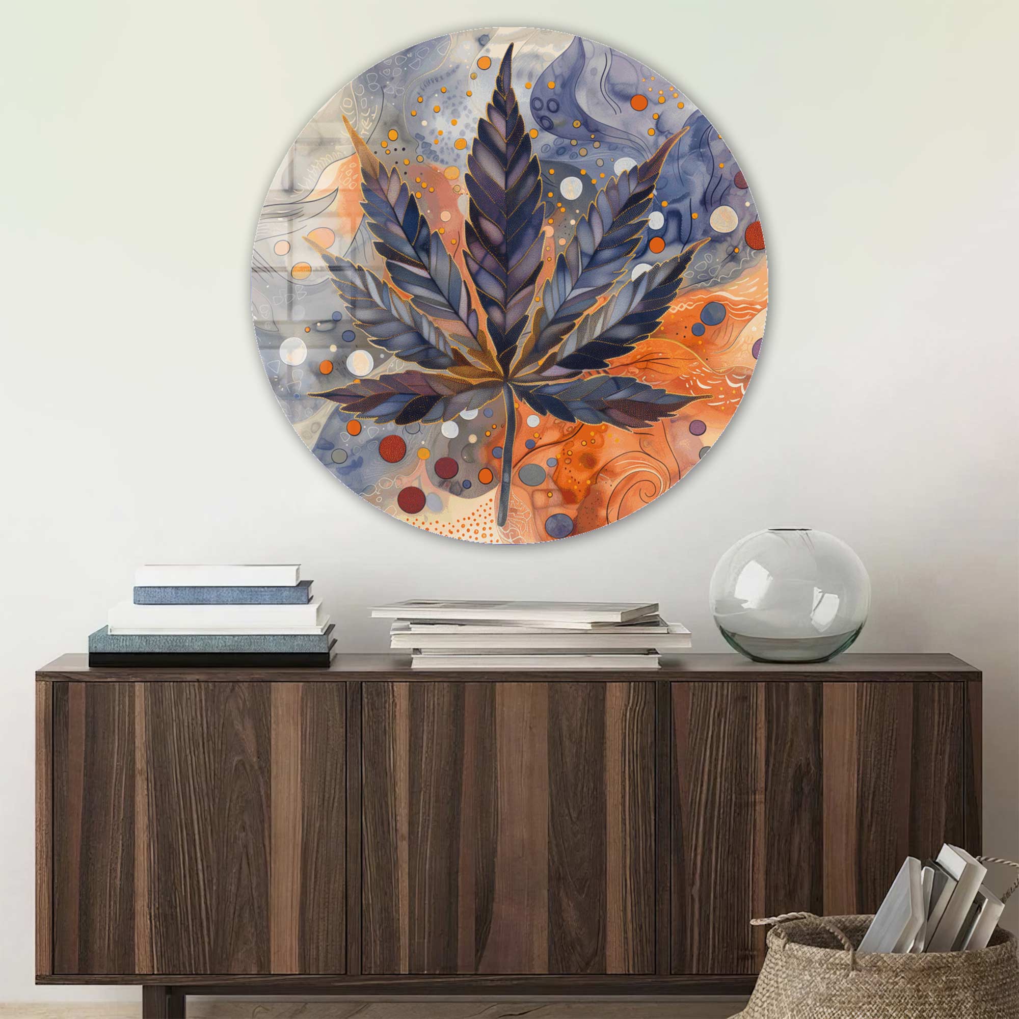 Leaf Rounded Glass Wall Art Decor - Modern Nature-Inspired Home Decor for Living Room, Bedroom & Office