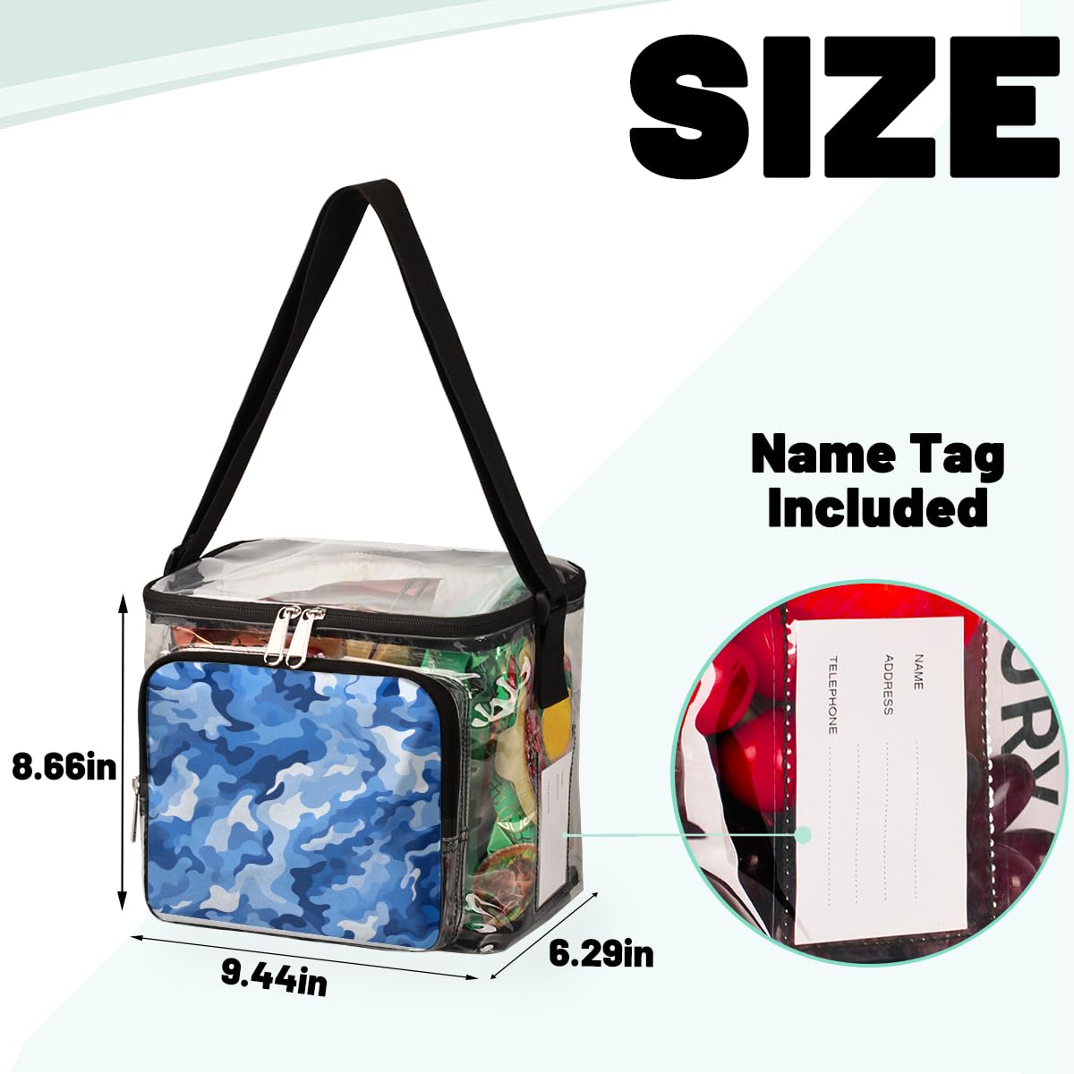 GzLeyigou Camouflage Blue Clear Tote Bag with Handles - Abstract Camo Pattern Transparent Crossbody Shoulder Bag for Lunch, Outdoor, Travel, Picnic, Concerts & Sports Events - Stadium Approved Multipurpose Carryall (Perfect for Beach, Shopping, Gym & Daily Use)