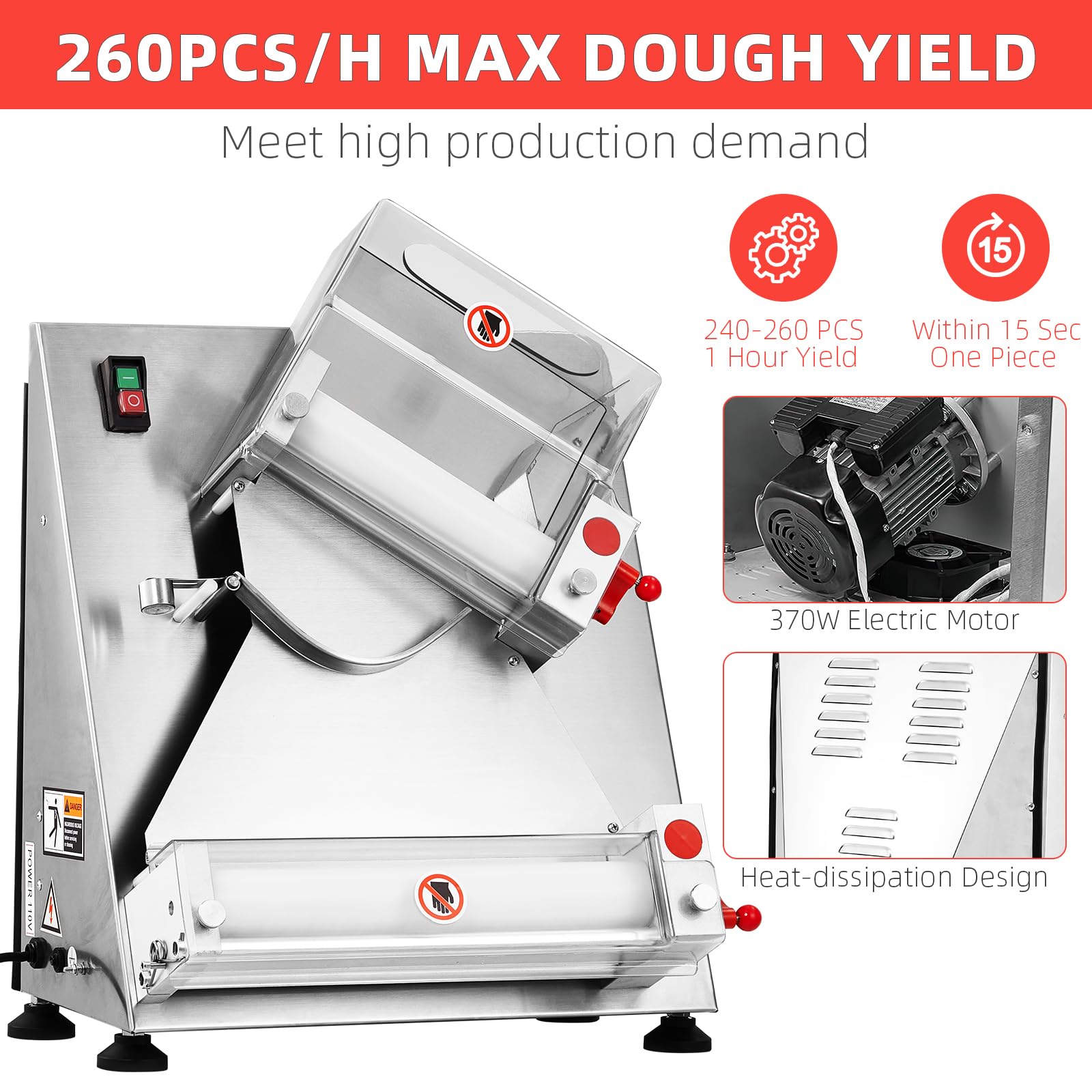 370W Electric Commercial Pizza Dough Roller Machine - 12