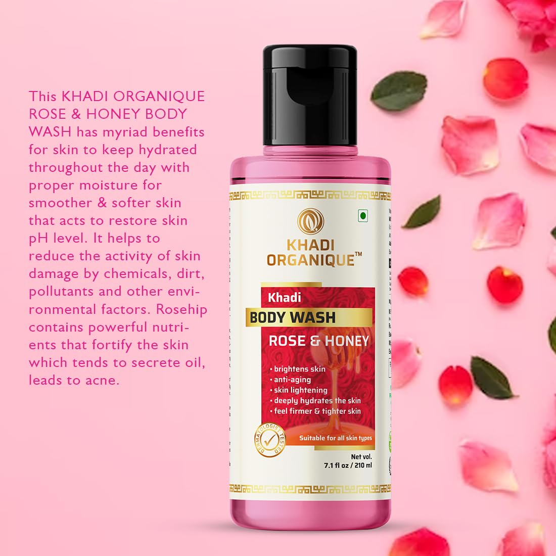 Khadi Organique Rose & Honey Body Wash 210ml - Natural Moisturizing & Nourishing for Dry Skin - Perfect for Daily Shower & Spa Relaxation at Home