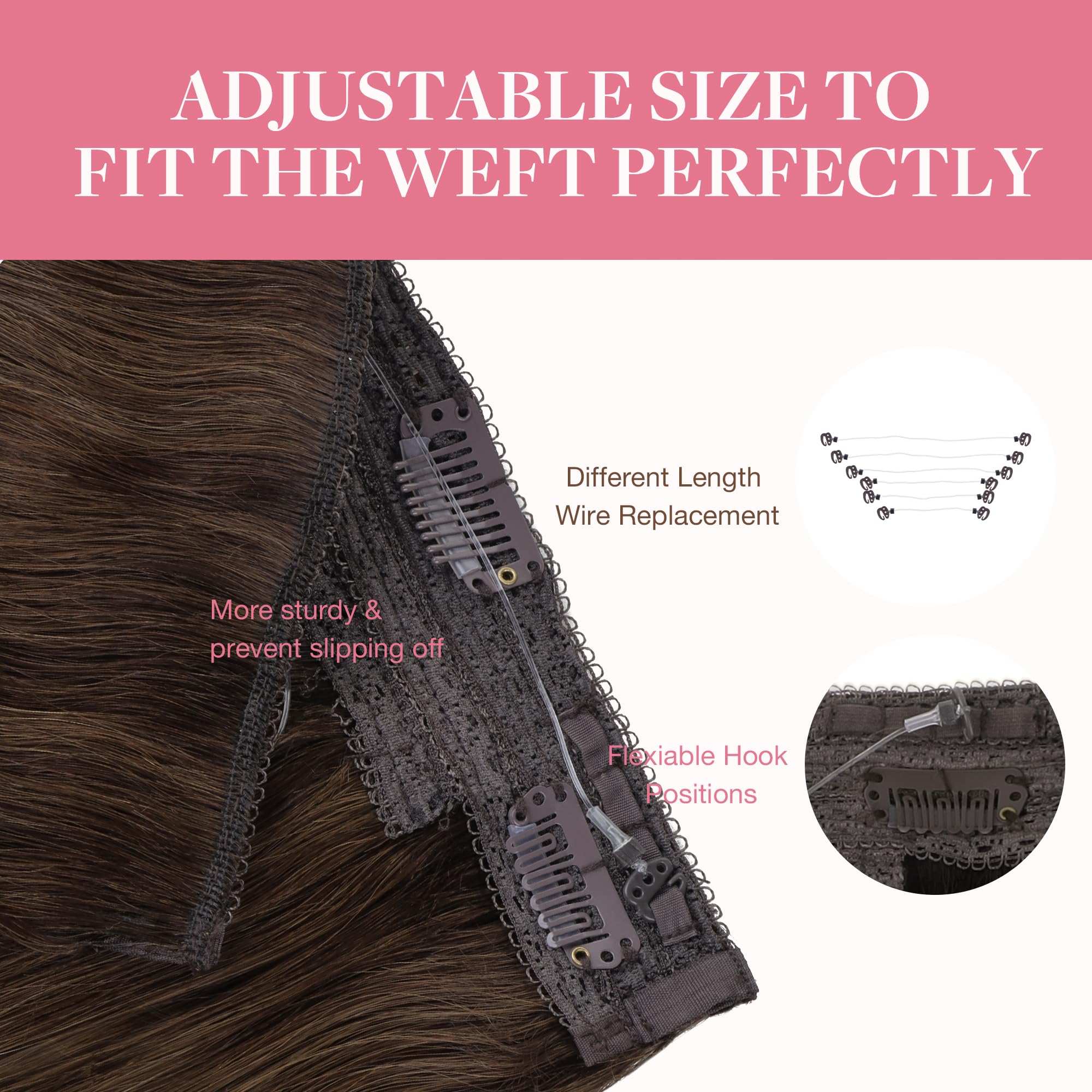 GOO GOO 20Inch 110g 4A Chocolate Brown Human Hair Extensions with Invisible Wire - Seamless Transparent Fish Line Hairpiece for Natural Look - Perfect for Parties, Weddings & Daily Styling