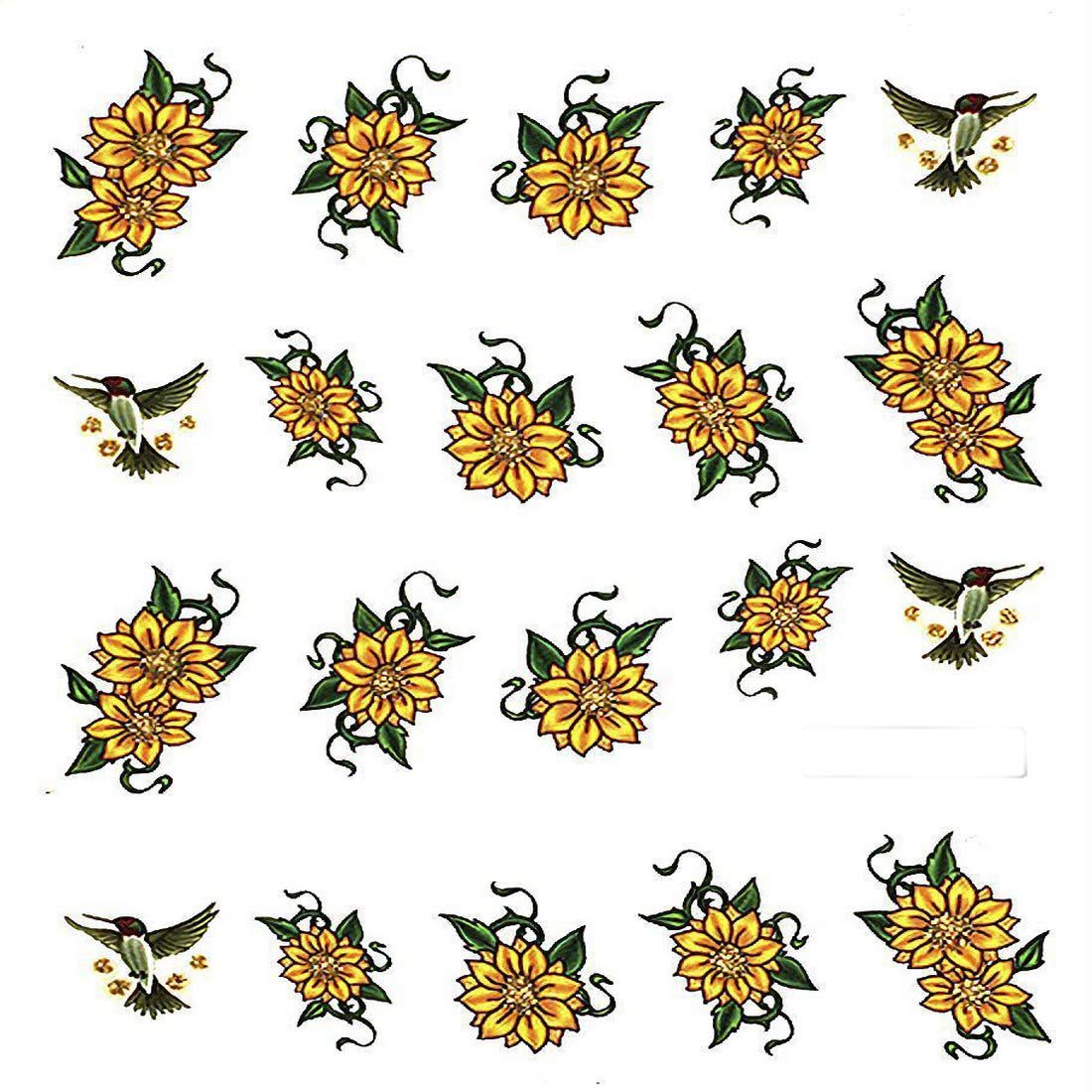 Yellow Sunflower with Bird Floral Love Nail Art Decals - Water Transfer Stickers for Manicure (6.2 x 5.2cm) - Perfect for DIY Nail Design, Home Salon & Gift Giving
