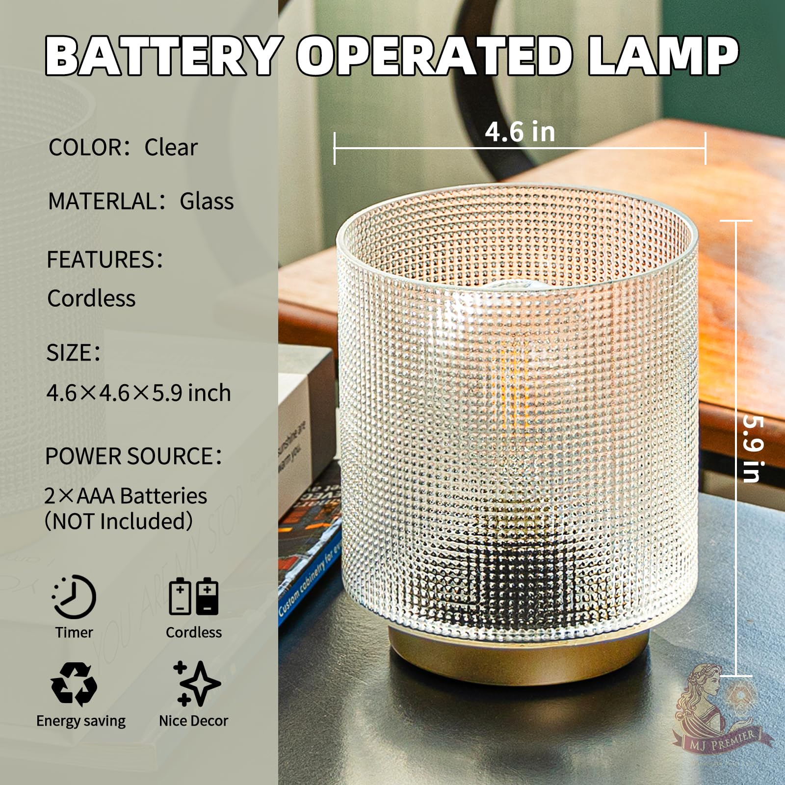 MJ PREMIER Battery Operated Table Lamp with Timer - Cordless Glass Accent Lamp for Bedroom, Living Room, Nightstand, Home Decor - Perfect for Bedside Reading, Ambient Lighting, and Decorative Accents (Clear)