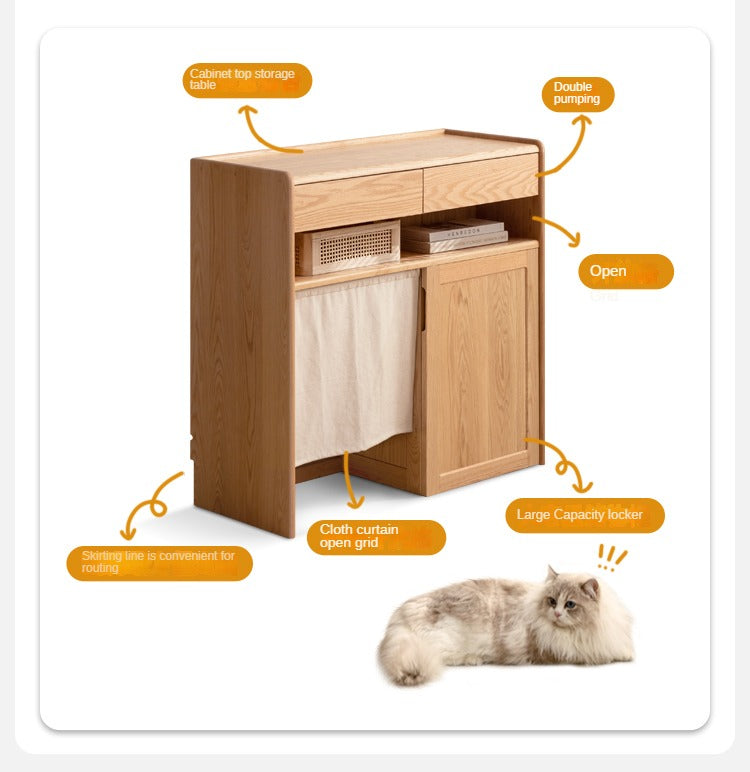 Solid Oak Wood Side Cabinet with Cat Pet Supplies Storage - Perfect for Living Room, Bedroom, or Entryway Organization - Compatible with Robot Vacuum Cleaners