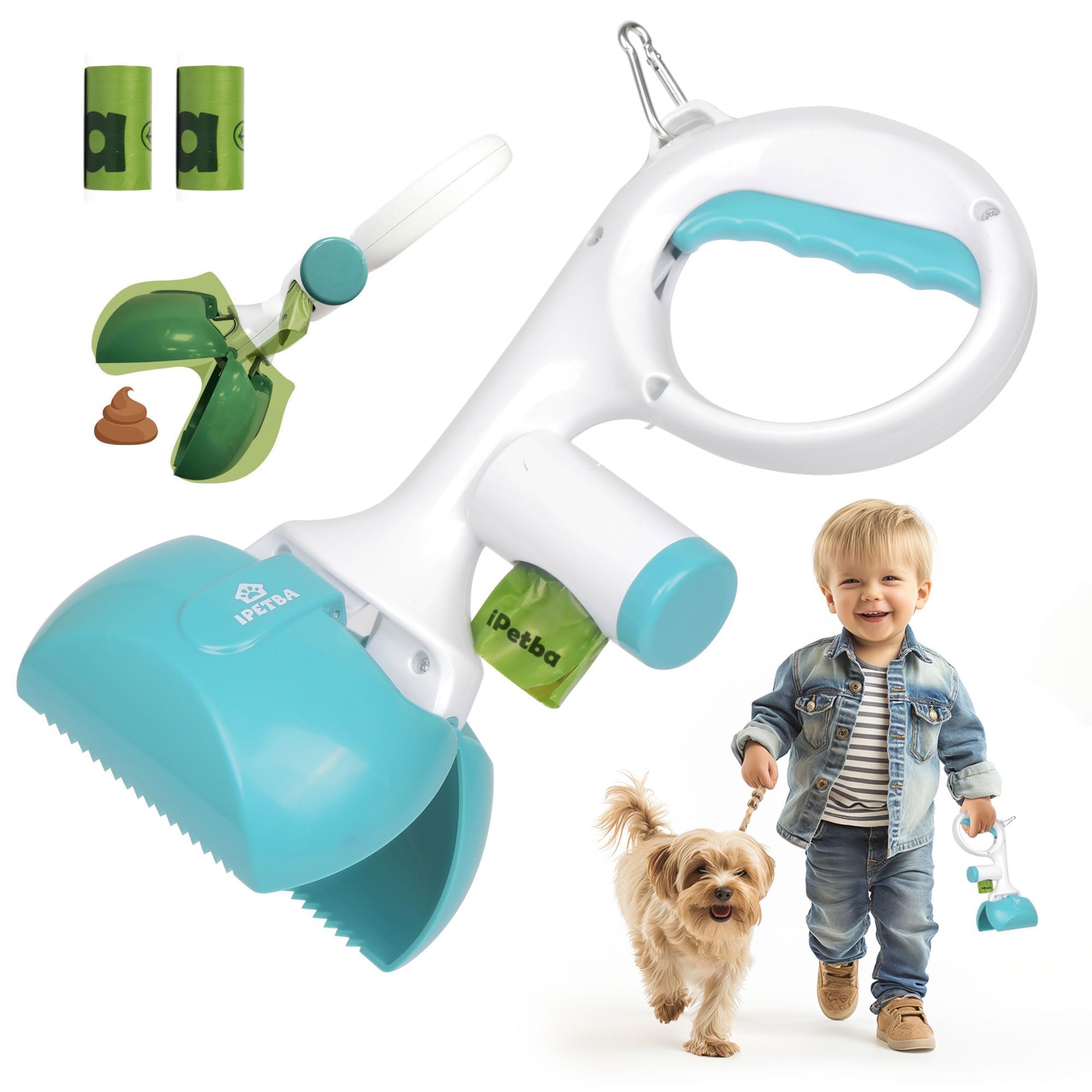 3-in-1 Portable Dog Poop Scooper with Bags - Lightweight Pet Waste Picker Upper for Lawns, Grass, Dirt & Gravel | Kid-Friendly Dog Pooper Scooper for Easy Backyard Cleanup & Park Walks