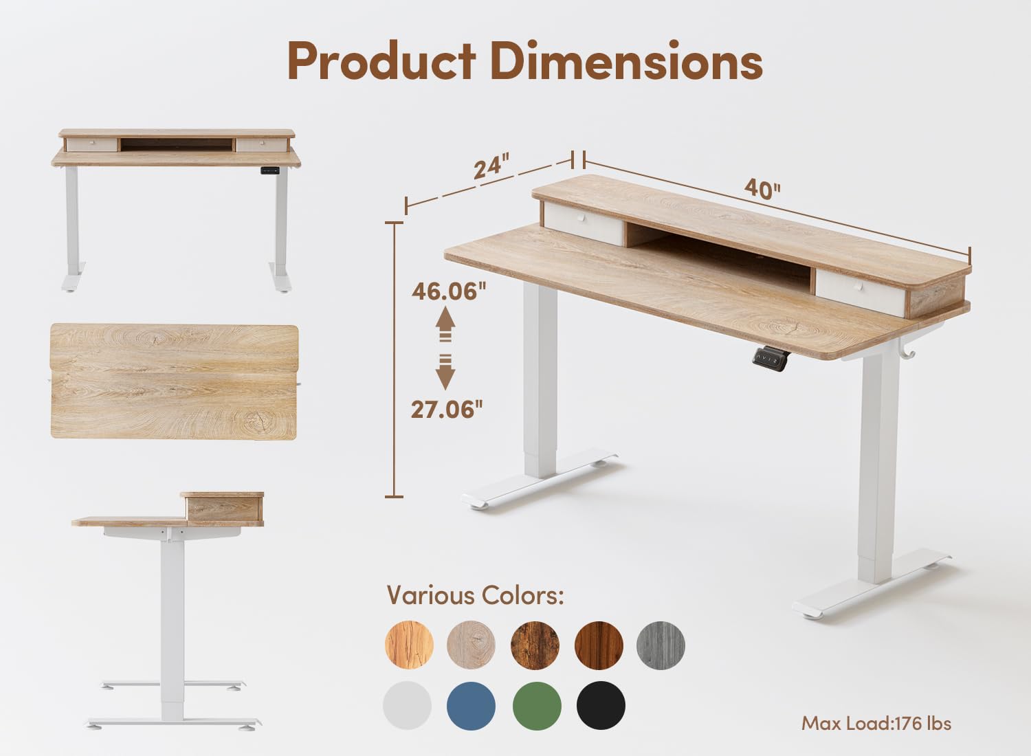 BANTI 40x24 Inches Adjustable Height Standing Desk with Drawers & Storage Shelf - Ergonomic Sit Stand Home Office Desk (White Frame/Maple Top) for Small Spaces & Remote Work