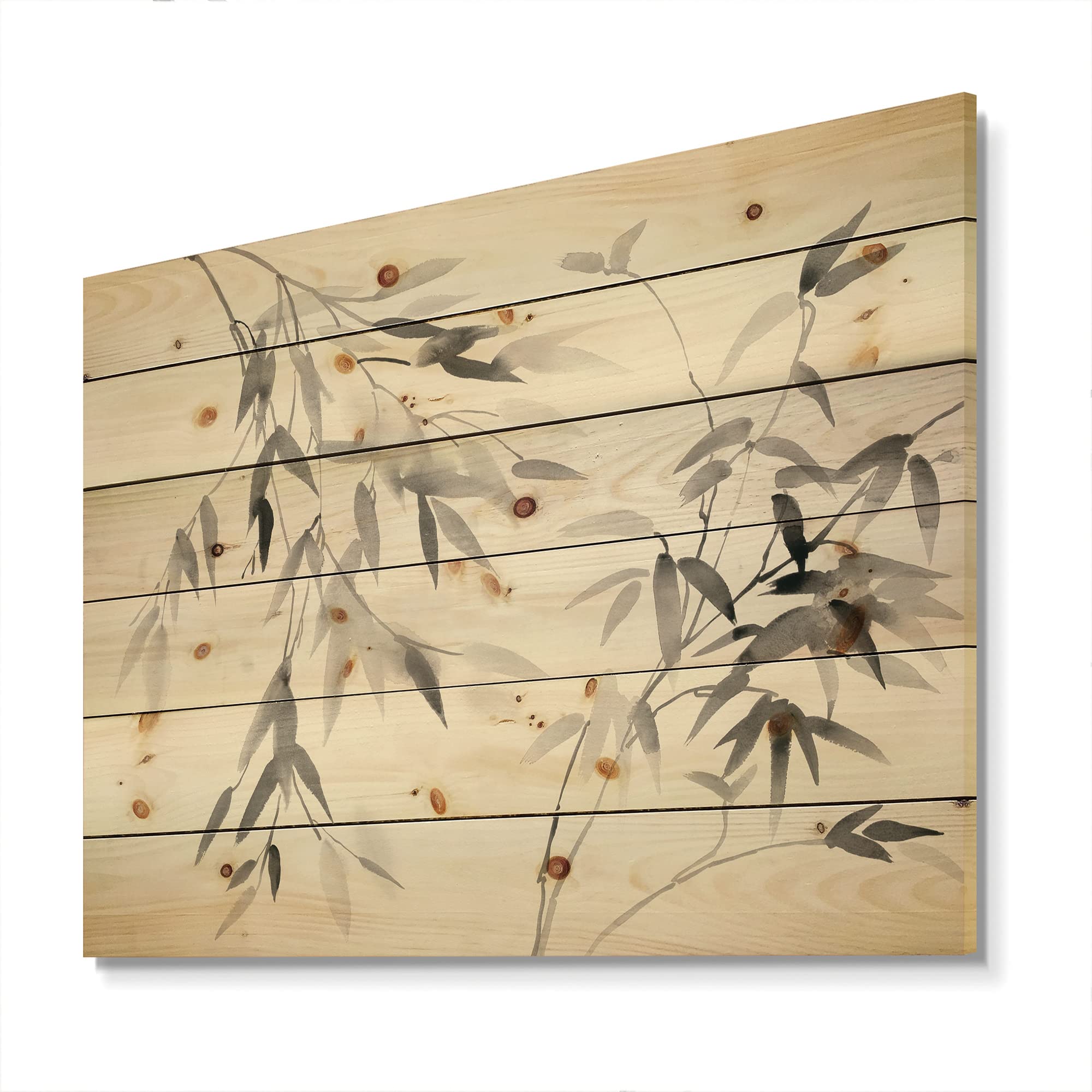 DesignQ Bamboo Leaves Farmhouse Wood Wall Decor - Black Wood Wall Art, Large Floral Wood Panels Printed on Natural Pine - Perfect for Living Room, Bedroom & Home Office Decor