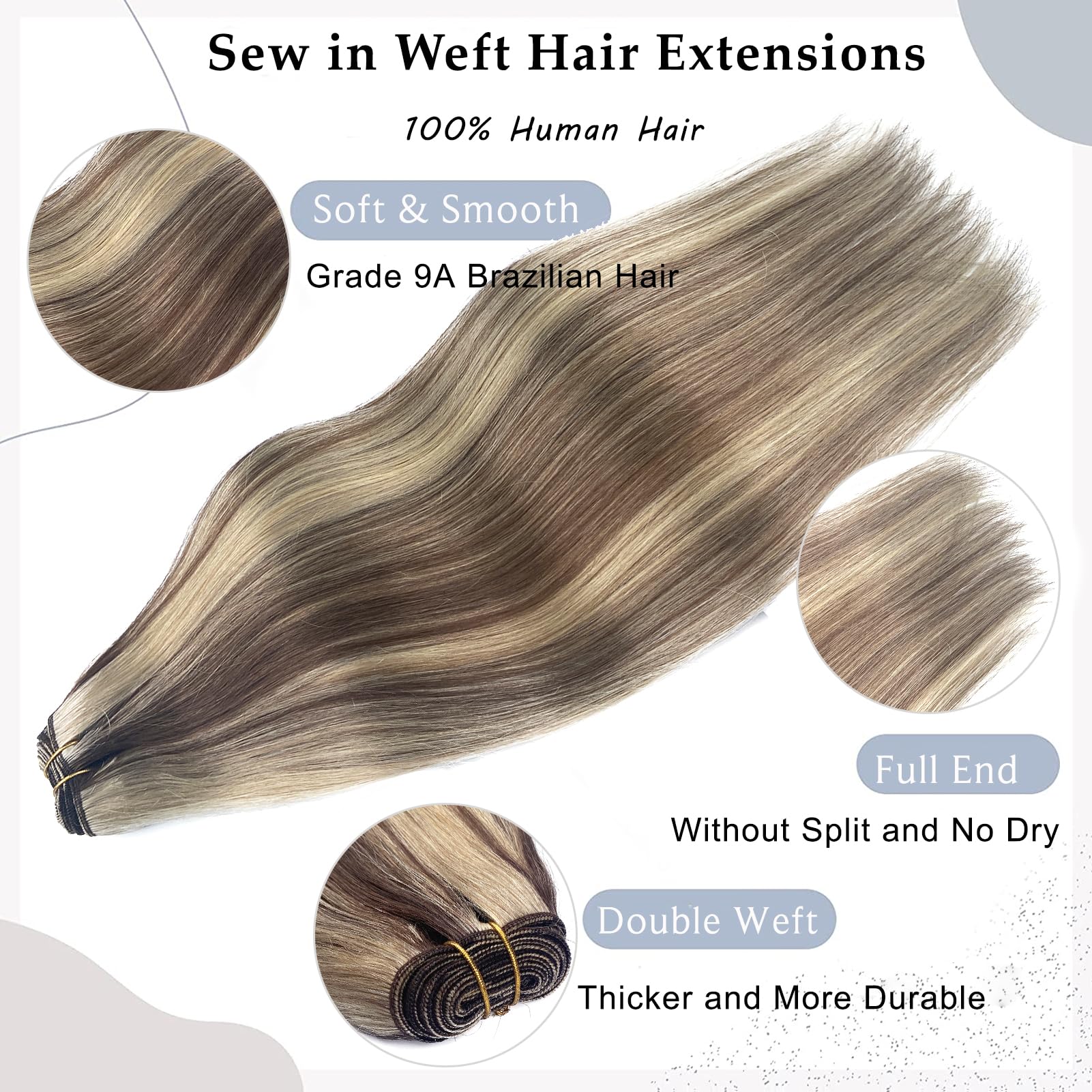 22 Inch 120G Ash Blonde Balayage Human Hair Extensions - Sew in Weft Hair for Women | Hand-Tied Real Human Hair Extensions with Highlights | Perfect for Weddings, Parties & Daily Styling