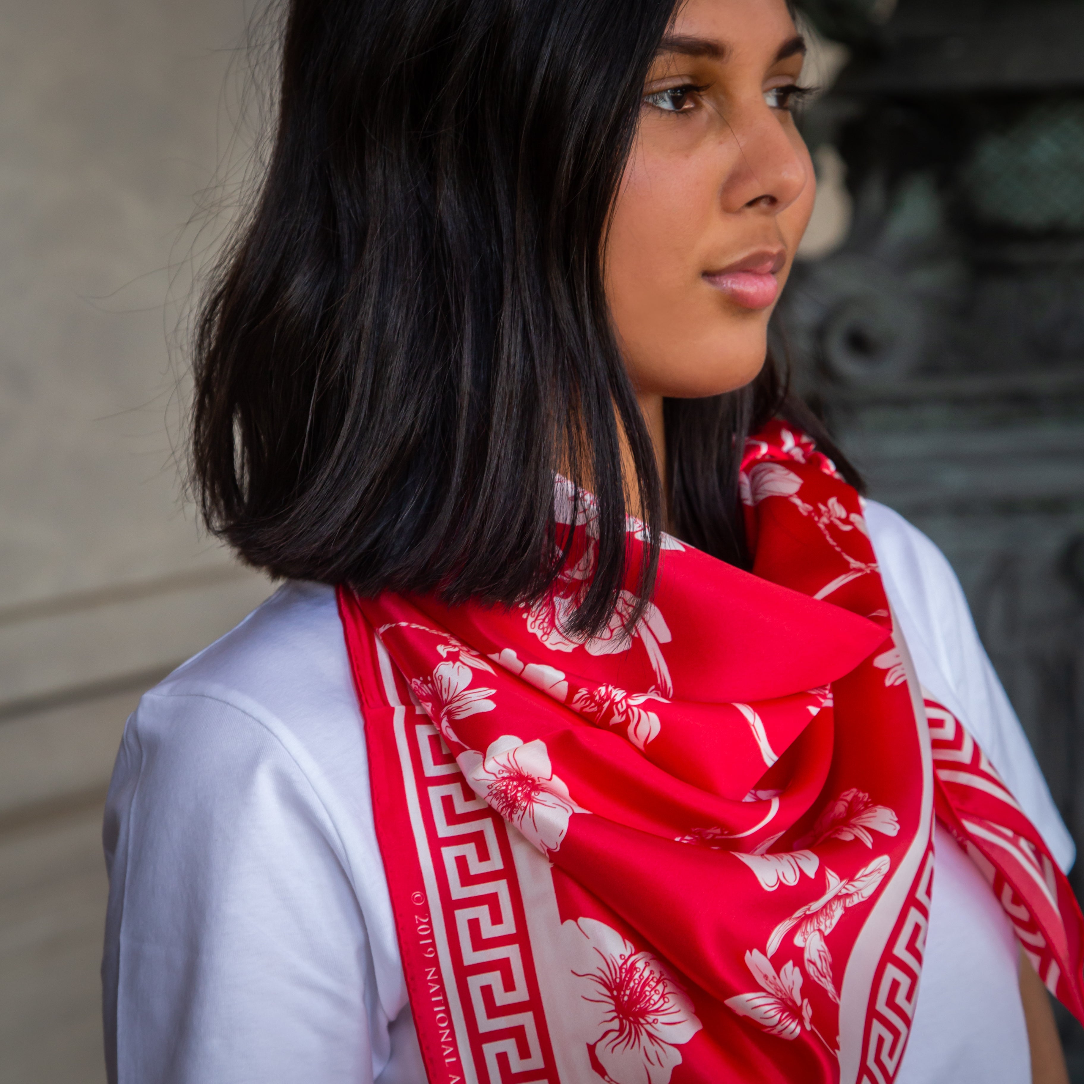 Red Sakura Charmeuse Silk Scarf - Elegant Floral Print Fashion Accessory for Women, Gift Wrapping, Wedding & Special Occasions